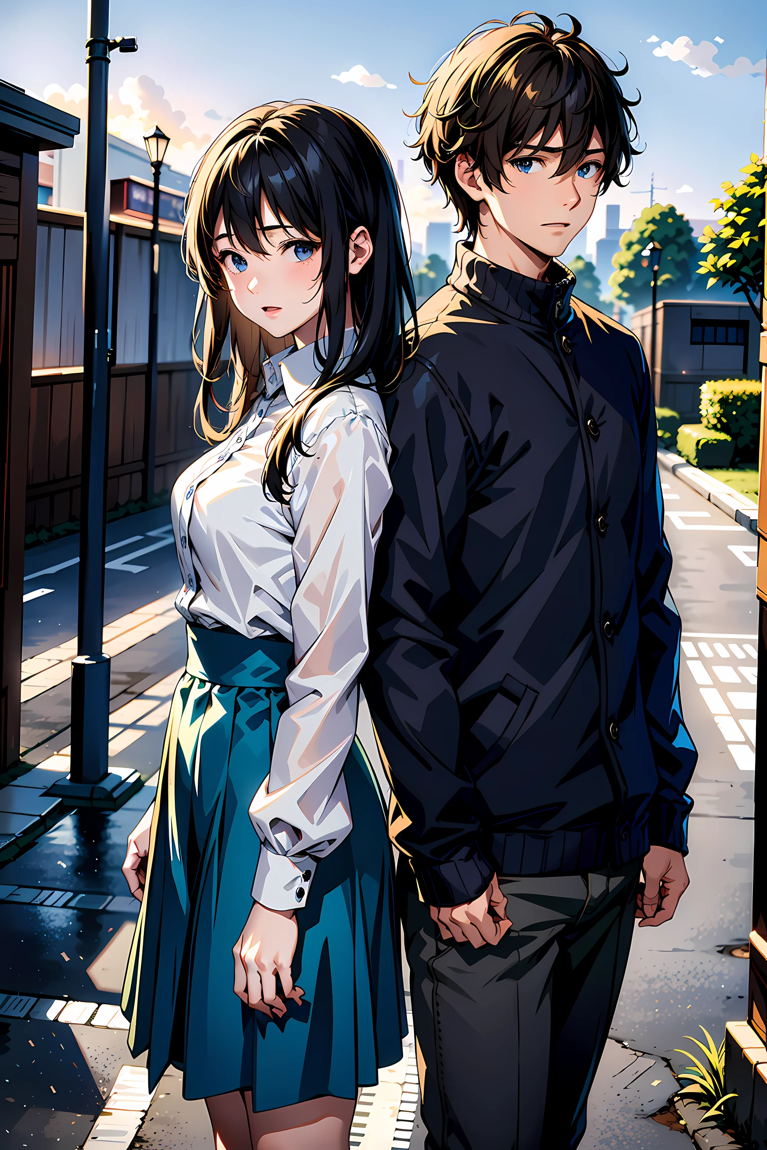 Time: September 13, 2023, 5pm, rainy day in Tokyo.
Location: Residential area in Tokyo.
person:
The female protagonist. Late 20s. Her black hair is cut short.
A childhood friend of the main character. Late 20s. He has long brown hair.
Pause:
The main character is walking with her umbrella.
The protagonist's childhood friend, a man, is walking behind the female protagonist.
background:
it's raining.
On the road, there are people walking with umbrellas and people getting wet from the rain.
Thunderclouds are gathering in the sky.
Based on this prompt, you can imagine an illustration like the one below.

The main character is walking in the rain with her umbrella. A childhood friend of her main character is walking behind her.

The main character has been in love with her childhood friend since childhood. However, he is unaware of her feelings.

While walking in the rain, the female protagonist keeps her feelings for her childhood friend in her heart.

Of course, this prompt is just an example. Please feel free to draw illustrations using your own imagination.

Below are some tips for drawing your illustrations.

The female protagonist's expression expresses the heart of a maiden in love.
The expression of the protagonist's childhood friend expresses her unconscious love for the female protagonist.
Expresses the sadness of natural phenomena such as rain and thunderclouds.
I hope that your illustrations will touch the hearts of many people.

The following patterns can be considered as specific illustration compositions.

The female protagonist and the male protagonist's childhood friend are walking side by side.
The female protagonist and the male protagonist's childhood friend make eye contact even though they pass each other.
The female protagonist and the male protagonist's childhood friend are walking in different directions.
The composition allows you to express the development of the story and the emotions of the main character.

The coloring of the illustrations i