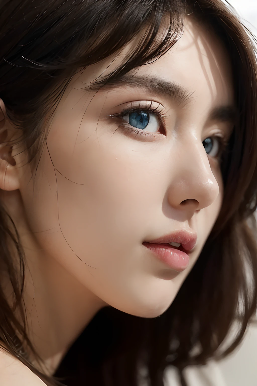 ((ultra-realistic realism+Pure),eyes with brightness,White Skin Skin),High-definition image quality,Dynamic tilt,High nose,Realistic details,Unity 8k壁纸,Super fine,A masterpiece of beauty,top-quality,tidal current,Sweet and lovel,Realiy,sideface,Brown hair long, full body, ((nude))