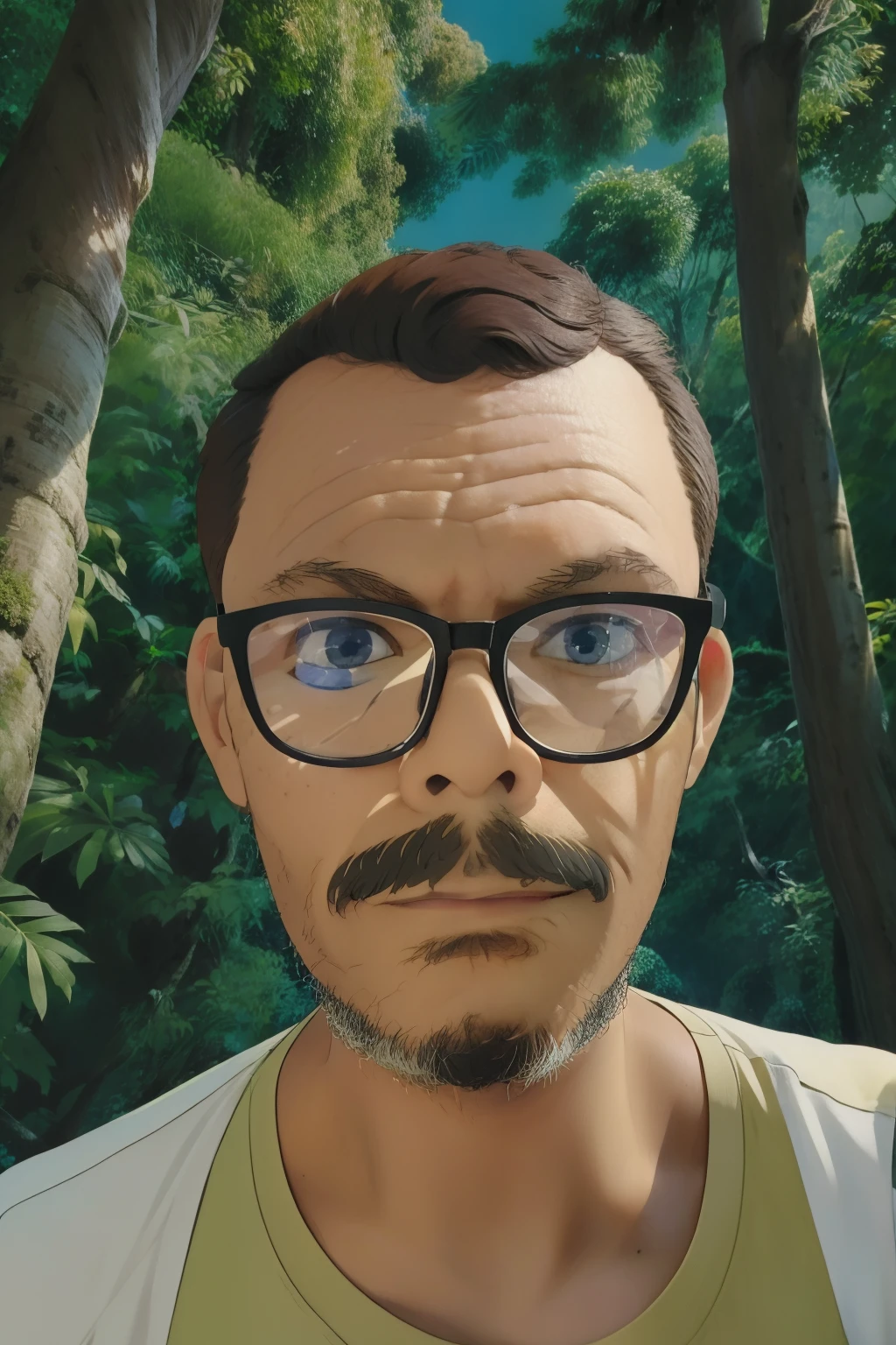 Man in glasses, meio corpo, nervoso, camisa xadrez, woodcutter's cap, barba e bigode, floresta, Ghibli Studio Style