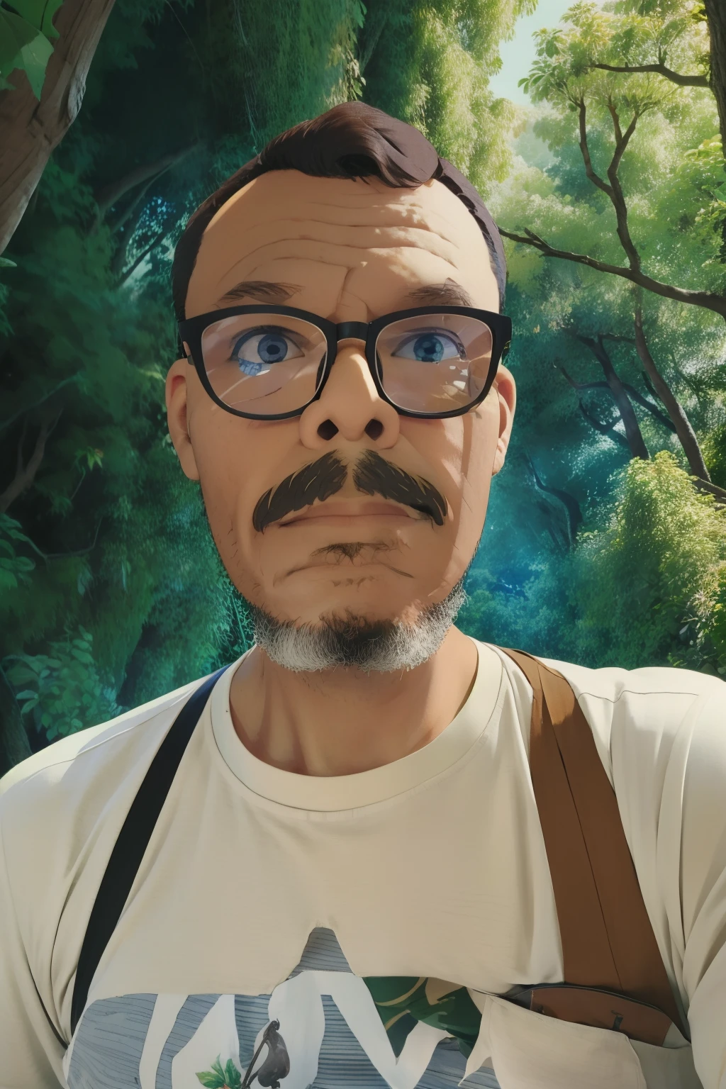 Man in glasses, meio corpo, nervoso, camisa xadrez, woodcutter's cap, barba e bigode, floresta, Ghibli Studio Style