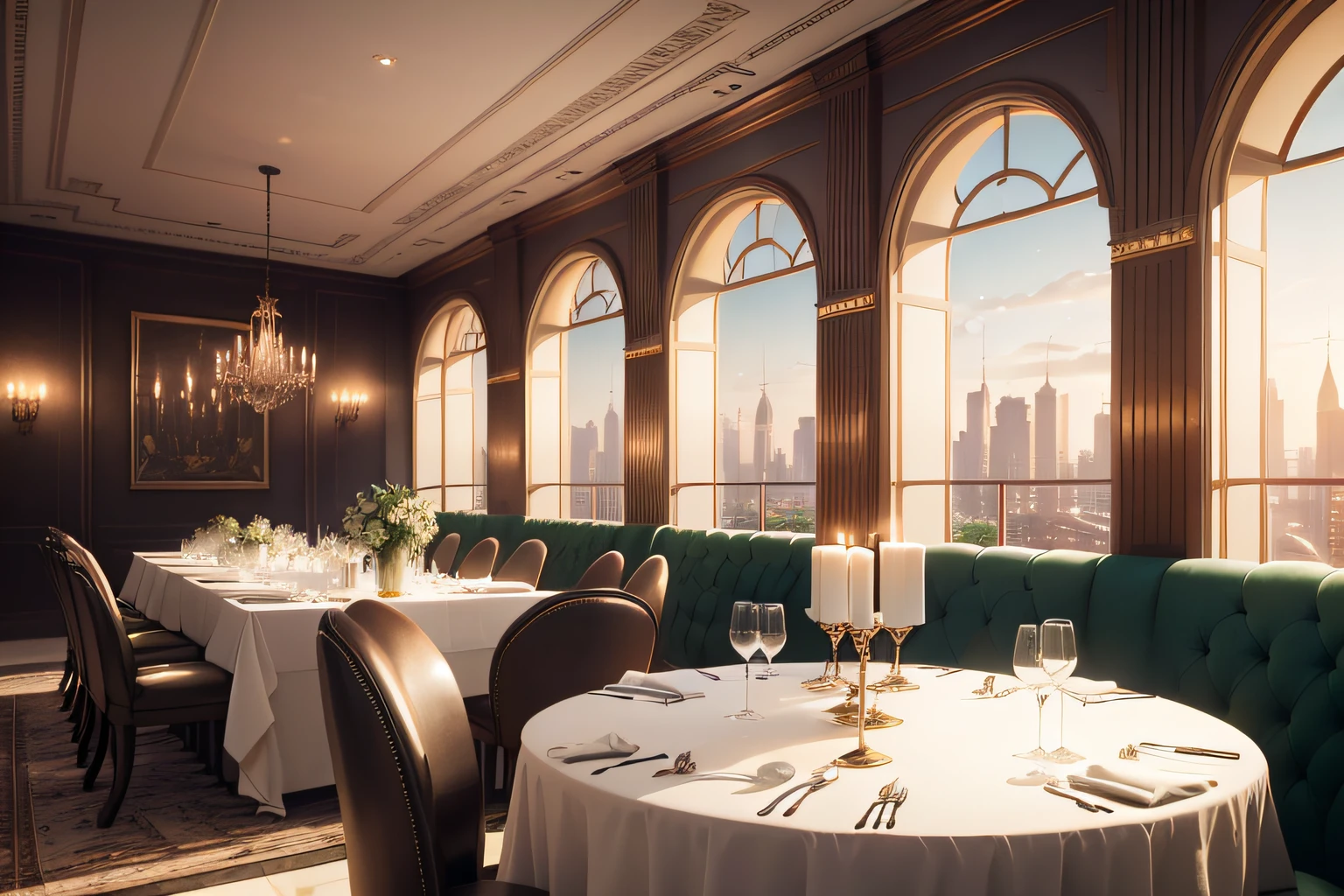 best quality,ultra-detailed,realistic:1.37,large-scale,high-res,restaurant interior,stylish design,modern decor,soft lighting,gleaming cutlery,gourmet dishes,delicate wine glasses,vibrant colors,lush green indoor plants,marble floors,expansive windows,cozy atmosphere,sophisticated ambiance,elegant furniture,contemporary artwork,refined table settings,meticulously crafted details,rich textures,subtle shadows,subdued tones,aesthetic arrangements,mesmerizing chandeliers,impeccable cleanliness,unique architectural elements,open kitchen concept,sleek countertops,professional staff,quiet and peaceful environment