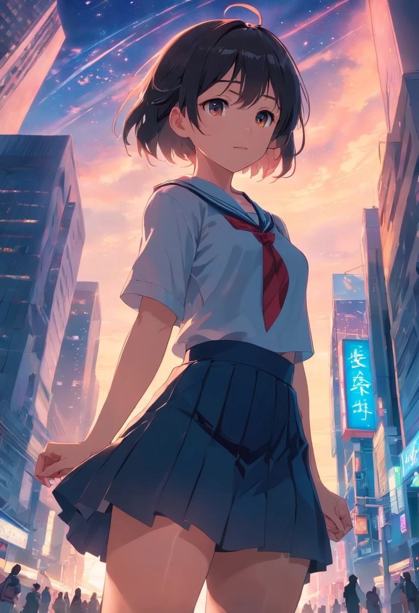 tmasterpiece,best qualtiy,cinematic Film still from,Solo,1girll,Fine face,Fine hair,finely quality eyes,white dresses,Red ribbon,Cross your hands over your chest,(night sky background:0.7),Skirt lift,skirt_lift,from below,serafuku,black pleated skirt,black_thighhighs,