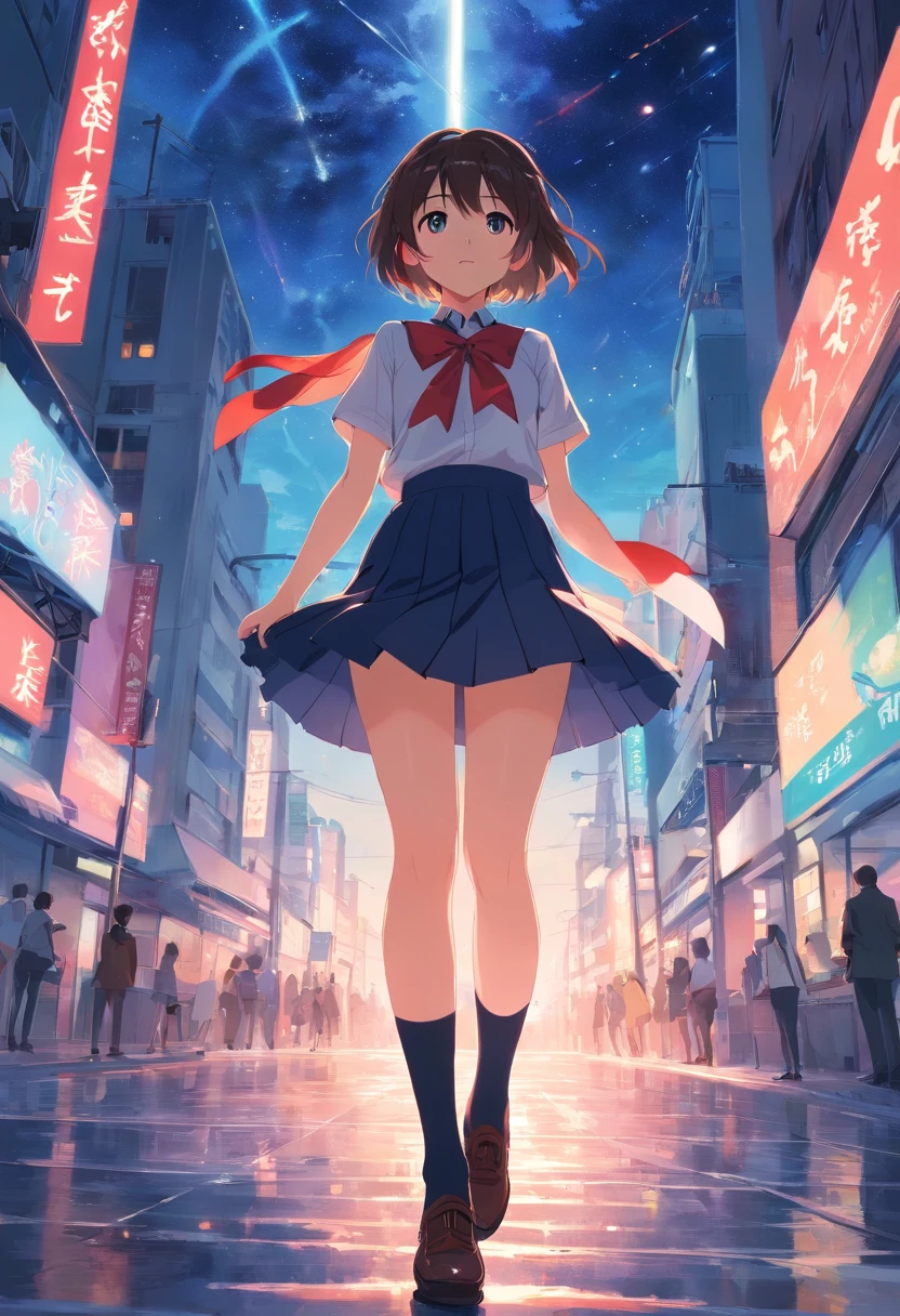 tmasterpiece,best qualtiy,cinematic Film still from,Solo,1girll,Fine face,Fine hair,finely quality eyes,white dresses,Red ribbon,Cross your hands over your chest,(night sky background:0.7),Skirt lift,skirt_lift,from below,serafuku,black pleated skirt,black_thighhighs,