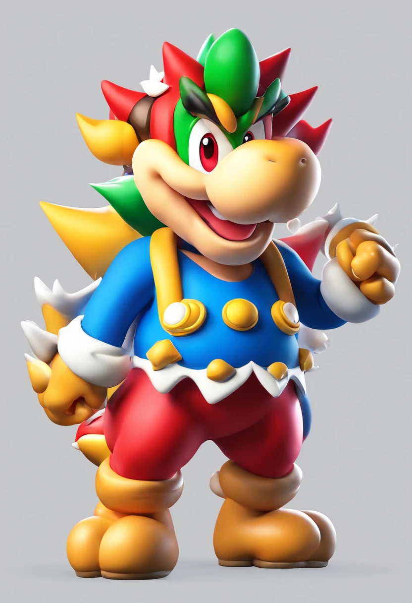 (Bowser), design de personagens, Nintendo Super Mario, (olhos azuis, red hat, terno vermelho, blue suspenders, luvas brancas, )super bonito estilo caixa cega, Chibi, corpo inteiro, exaggerated expressions and actions, fundo limpo, Destaques iridescentes brilhantes, studio lighting, Atmospheric Illumination, com textura requintada, High detail, high resolution, c4d, ..3d, Liquidificador, 8k, best quality, Ultra High Definition