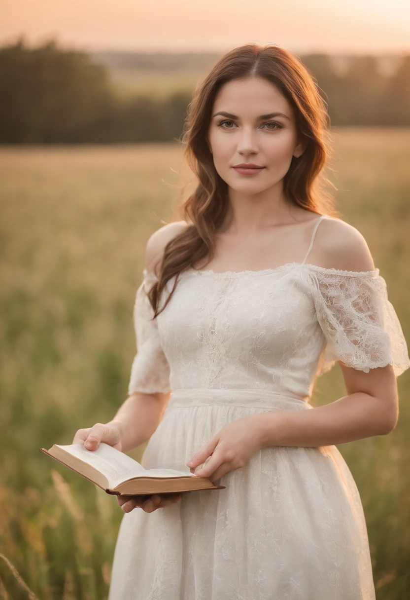 Portrait of a female country girl, 30 years old, dressing nicely in a farm field, early morning after sunrise, wearing a nice white transparent dress showing part of her small chest, she’s holding a book in her hand. The scene is backlit with sun rays.