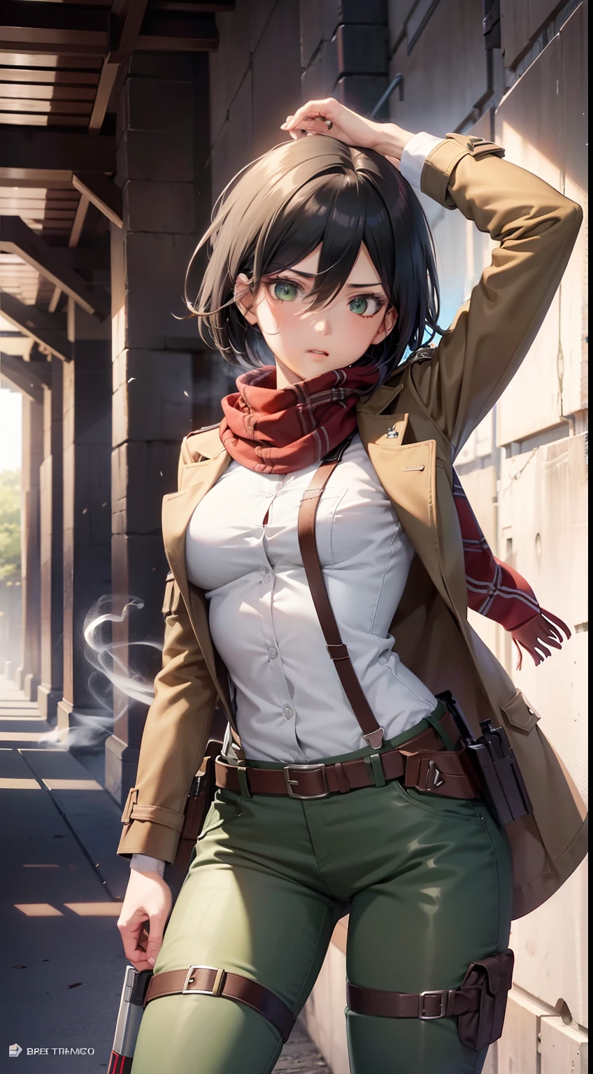 aot style, shingeki no kyojin,
mikasa ackerman,
1girl, arm strap, bangs, black hair, black pants, breasts, cowboy shot, embers, green eyes, grey background, hair between eyes, harness, long sleeves, looking at viewer, medium breasts, pants, red scarf, scarf, shirt, short hair, smoke, solo, thigh strap, brown jacket, white shirt, survey corps \(emblem\)
, ((masterpiece)), best quality
,