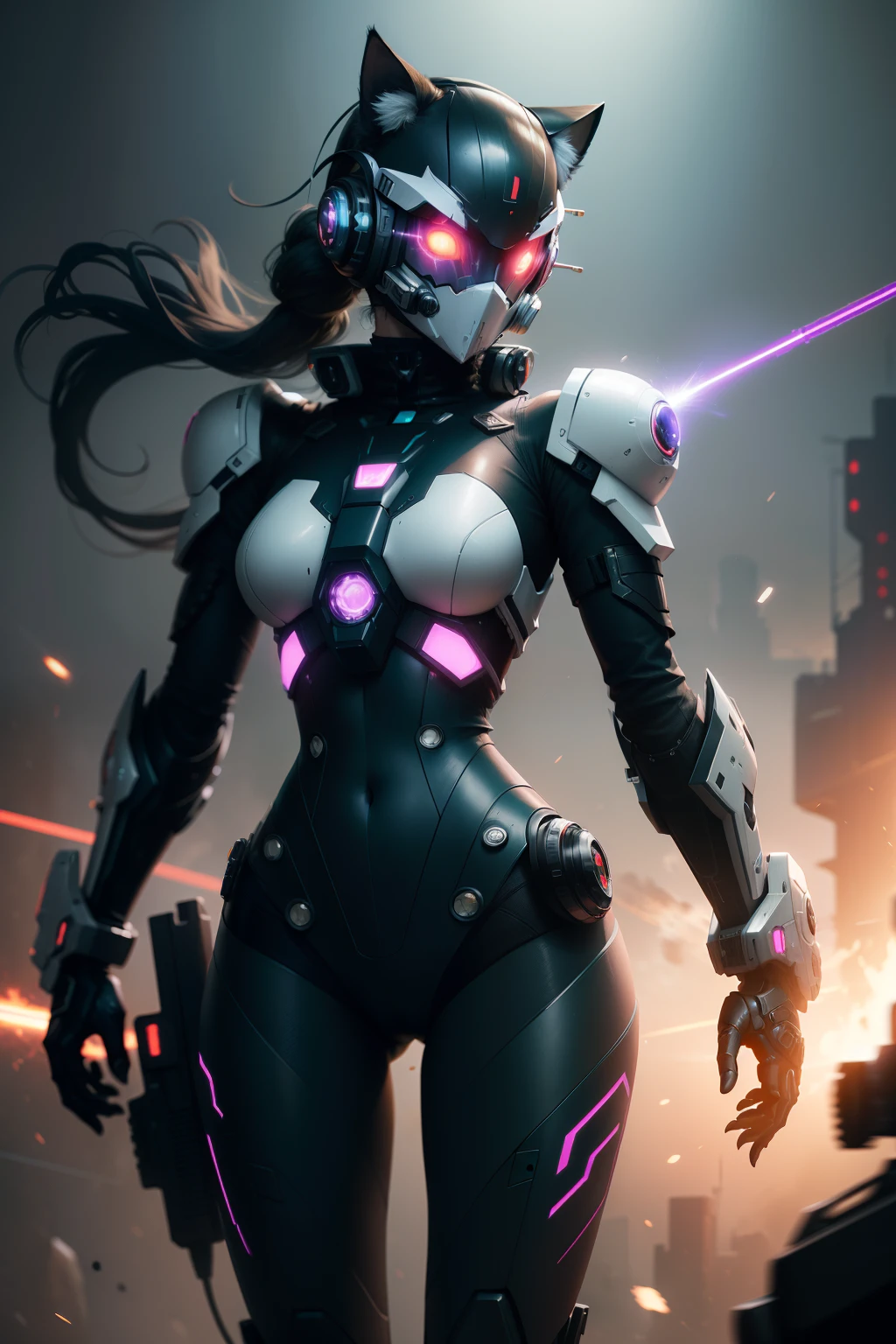 Futuristic robosuit with laser rifle,(The face is also covered with a mechanical mask of cat ears),cyberpunked,((Attack,)),art by. Her, cgsociety, retrofuturism, Futuristic, future technology, scientific fiction,Illustration from the 70s