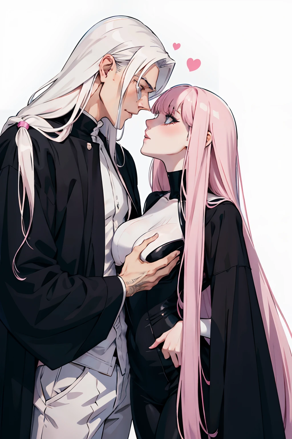 Pale man with long white hair and black clothes kissing a pale woman with pink hair with bangs