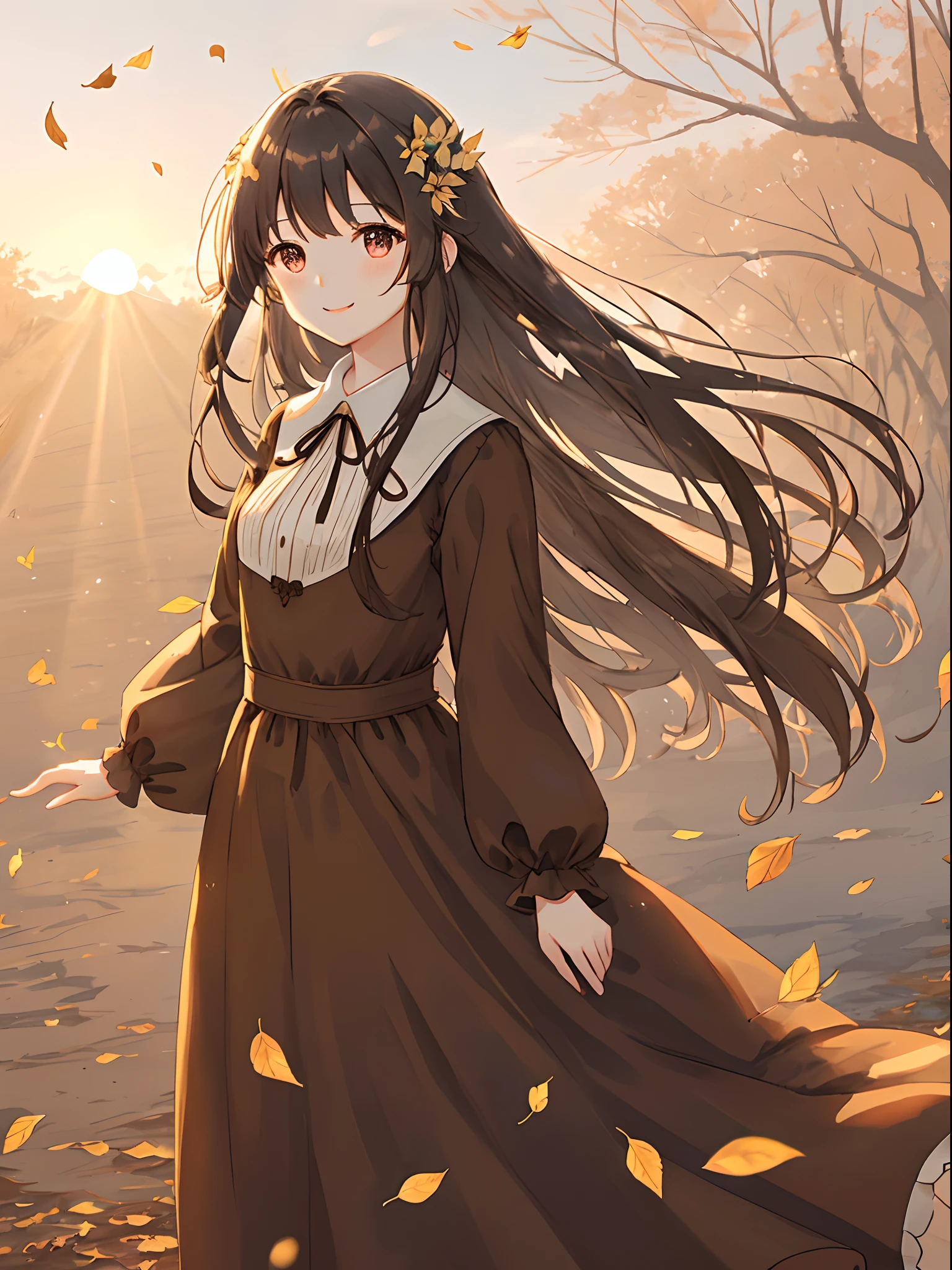 Brown long dress　Pretty girl　Smile with light blue long hair　Black eyes　Photo of partially fallen leaves fluttering　Illuminated by the setting sun、Dress and hair fluttering in the wind　Face Highlights