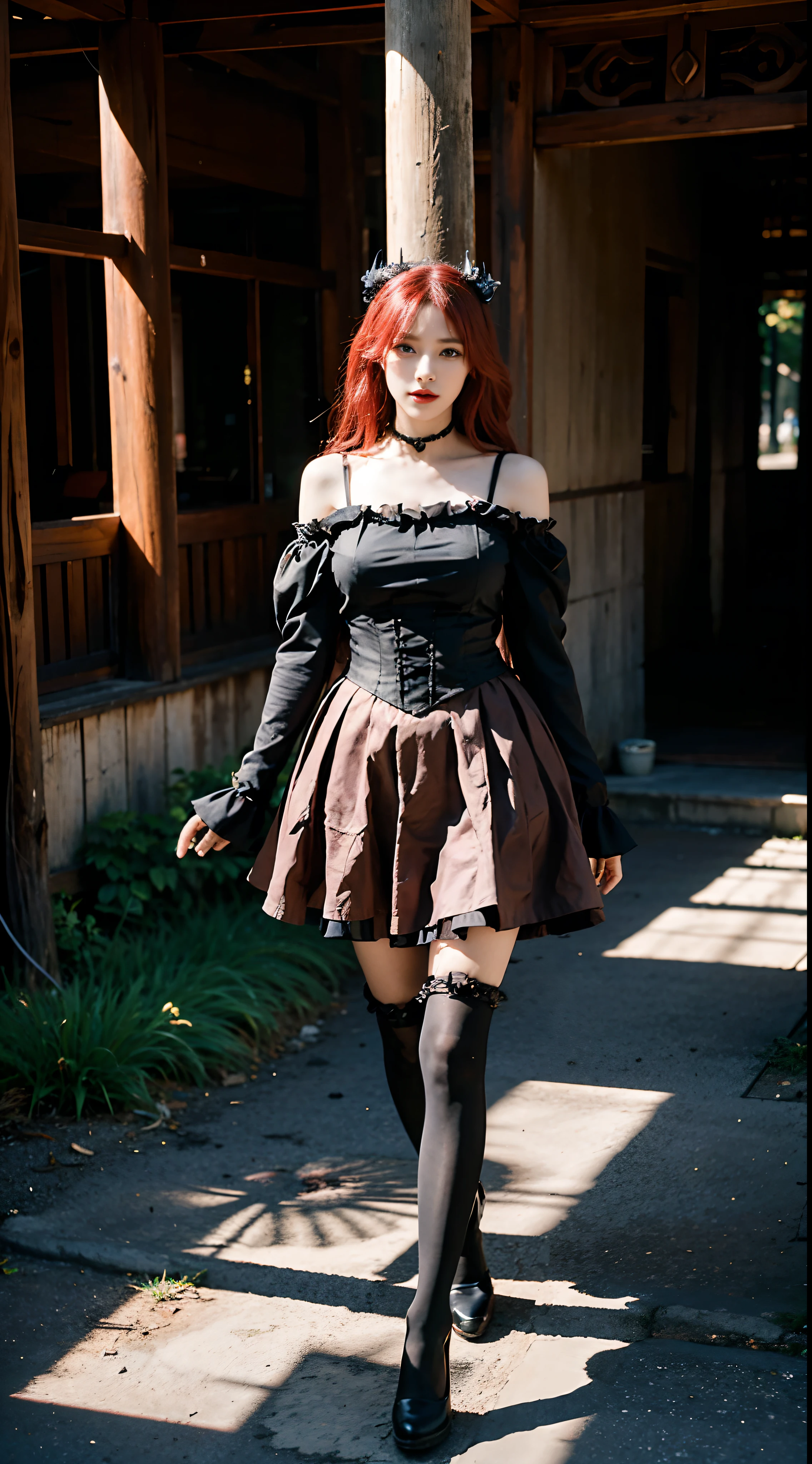 (8k, RAW photo, best quality, mastery:1.2), (realistic, photo-realistic:1.37), (aegyo sal:1), Malicious gal dressed in a red tutu and black top, a portrait inspired by Louis Grell, deviantart, gothic art, wearing modern gothic clothes, red and black costume!!!, victorian gothic lolita fashion, wearing a gothic dress, an elegant gothic princess, gothic clothing, gothic outfit, high quality theatre costume, baroque hibiscus queen, gothic fashion, ornate dark red opulent clothing, natural light, sunlight, photon mapping, radiosity, physically-based rendering , cosplay, steampunk googles, red hair, mechanical parts, grey eyes, steampunk hat, Kyoto garden, japanese garden in background, water, bonsai, sexy, smoke, looking at viewer,, 8k high res, 8k, CG wallpaper, Realistis, crisp background, exaggerated breasts, full body lesbian