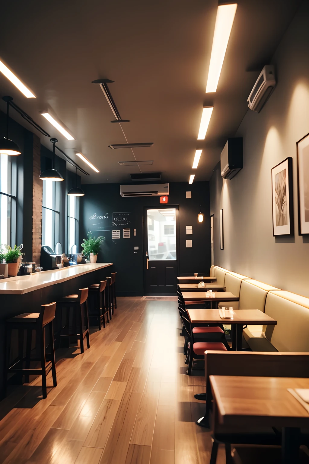 (best quality,4k,8k,highres,masterpiece:1.2),ultra-detailed,realistic,wide-angle,restaurant,cozy atmosphere,wooden furniture,warm lighting,large windows,vivid colors,delicious food,appetizing display,exquisite plating,value menu,local ingredients,unpretentious,inviting,comfortable,relaxing,calm,soft background music,refreshing beverages,casual dining experience,visible kitchen,open floor plan,spacious seating,muted tones,dimmed lights,natural light streaming in,plants and greenery,friendly staff,welcoming entrance,sleek logo,neon sign,street view,modern design,digital menu,cozy booths,communal table,solid color walls,accent wall,artwork on the walls,city skyline,unobstructed view,quiet corner,accessible for wheelchair users