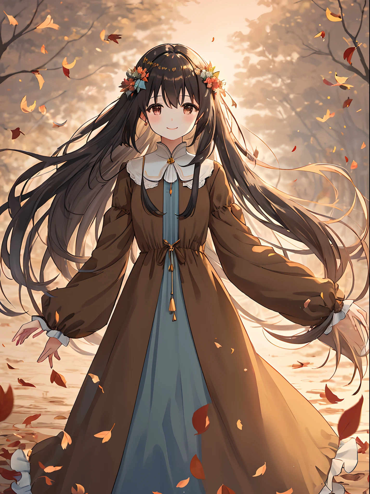 Brown long dress Pretty girl Smile with light blue long hair Black eyes Photo of partially fallen leaves fluttering Illuminated by the setting sun、Dress and hair fluttering in the wind Face Highlights