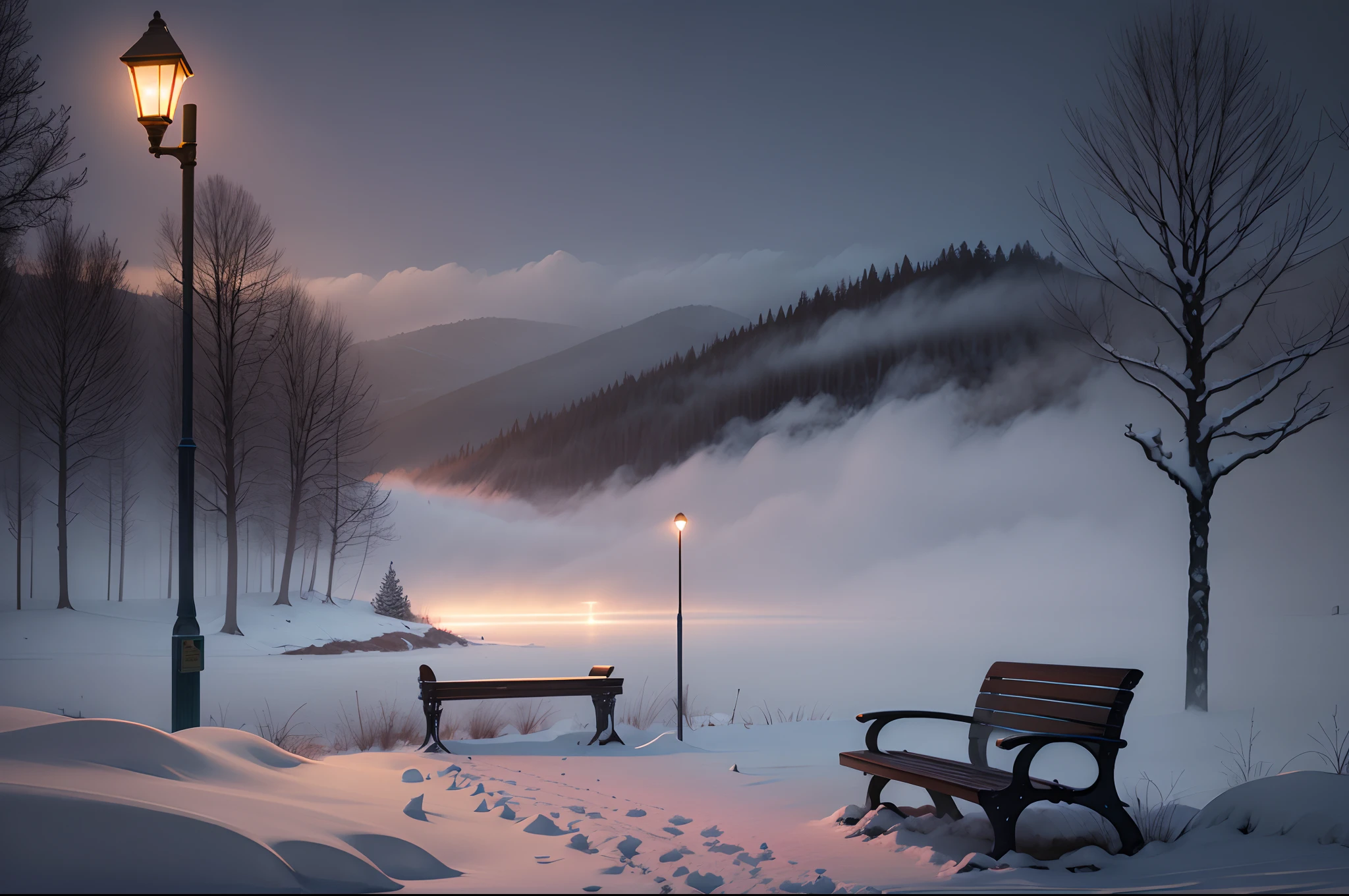 Snowfall, Light pole behind the bench, fog, night, Can not see the way from which way