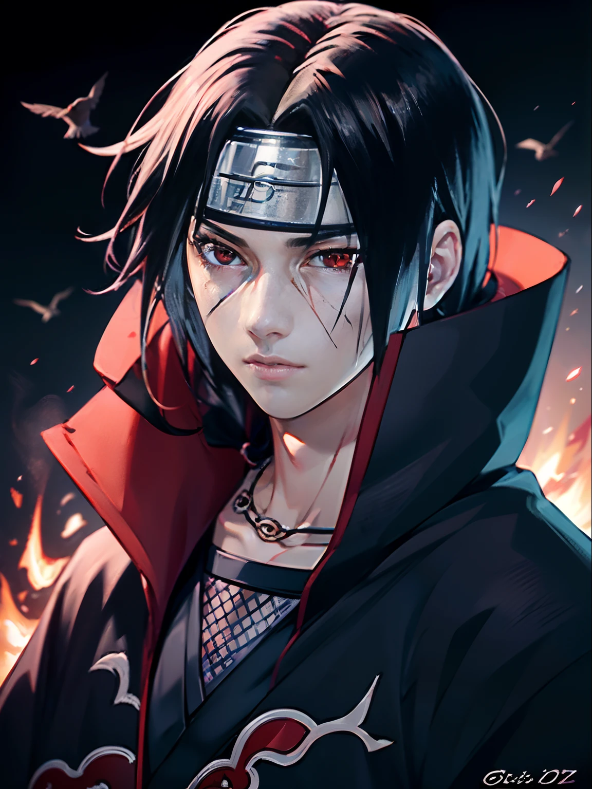 (masterpiece, best quality, high resolution,grainy:1.2),
BREAK (uchiha itachi:1.3), long hair,forehead protector, ninja, cloak, high collar, jewelry, necklace,black hair ,red eyes , male, 1boy, black smoke surrounding, covered in black smoke, glowing eyes,
BREAK crows, turning into crows, (surrounded by crows:1.1),