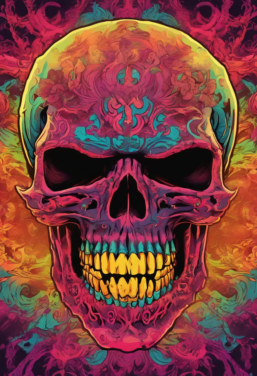 a close up of a skull with one eye in fury, viking symbols, impacting skull, broken teeth, fantasy skull, scary colorful detailed art, scary colorful art 8k, sacred skull, psychedelic background conjuration, detailed digital art, texture, sacred skulls , psychedelic illustration, textured skull, skull face, death skull, scary color art, psychedelic art style