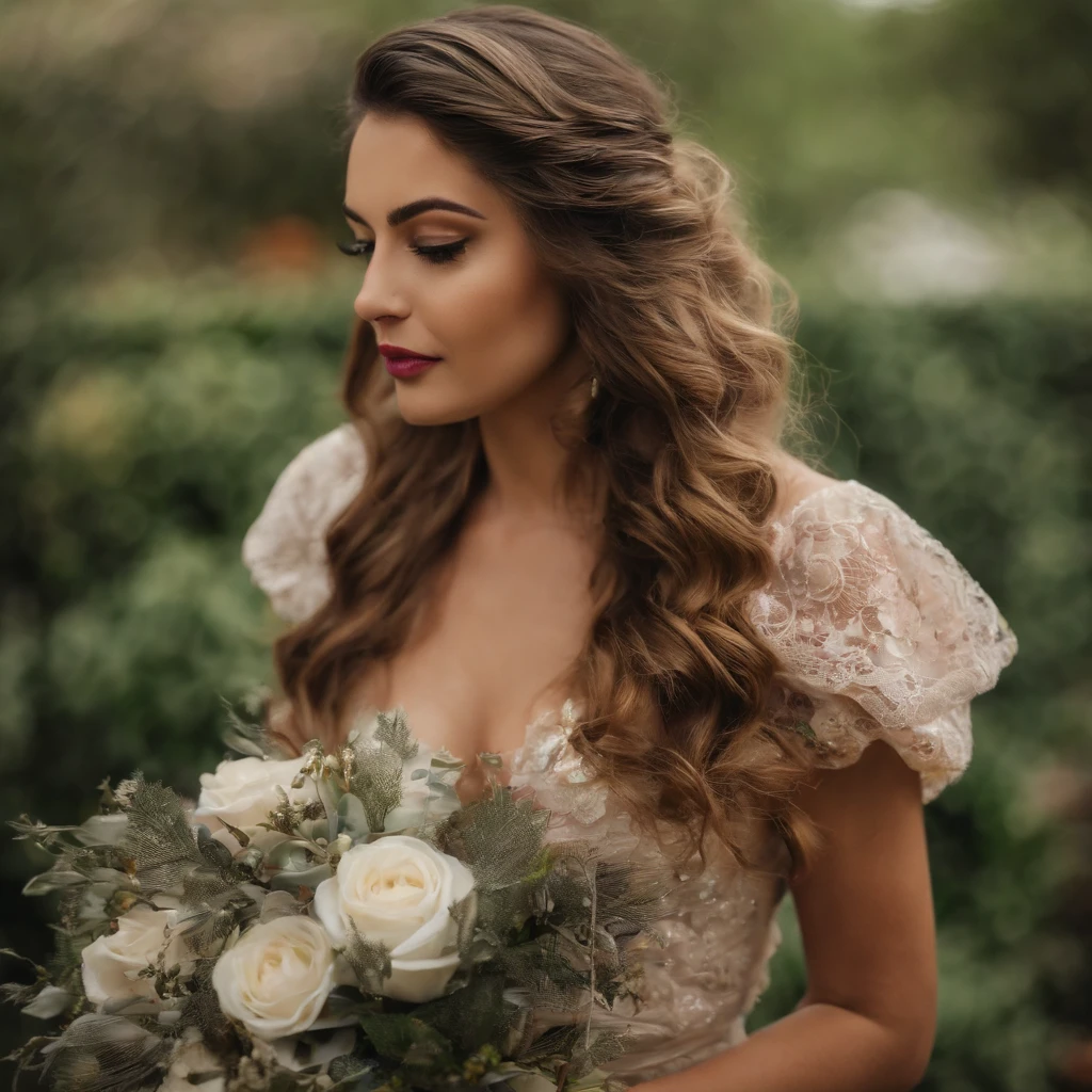 (best quality:1.2, ultra-detalhado, Realistic:1.37),oil painting, belos olhos detalhados, beautiful detailed lips,Fundo exuberante do jardim, Flowing dress, cores vibrantes, warm lighting, olhar confiante, relaxed smile, dynamic pose