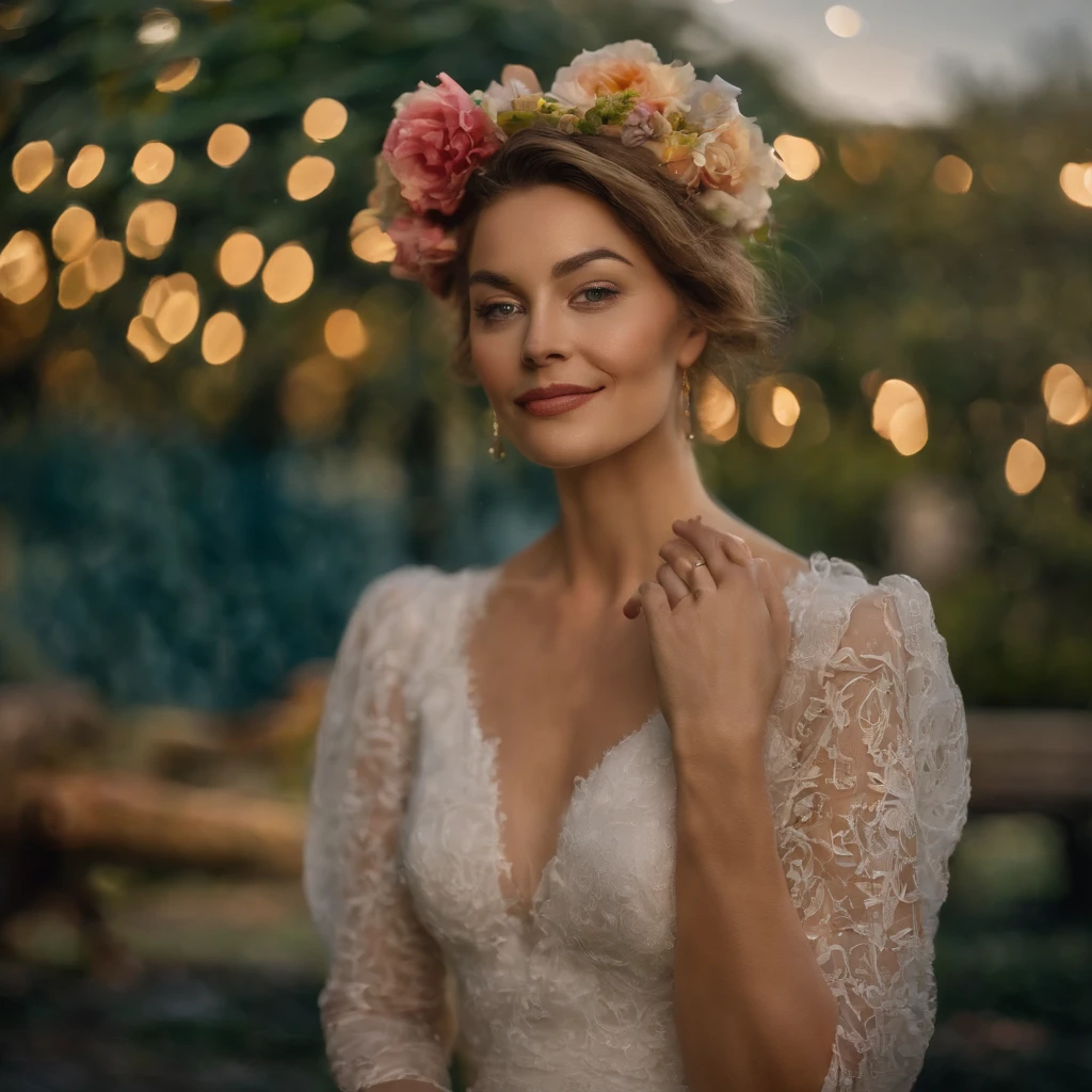 (best quality:1.2, ultra-detalhado, Realistic:1.37),oil painting, belos olhos detalhados, beautiful detailed lips,Fundo exuberante do jardim, Flowing dress, cores vibrantes, warm lighting, olhar confiante, relaxed smile, dynamic pose