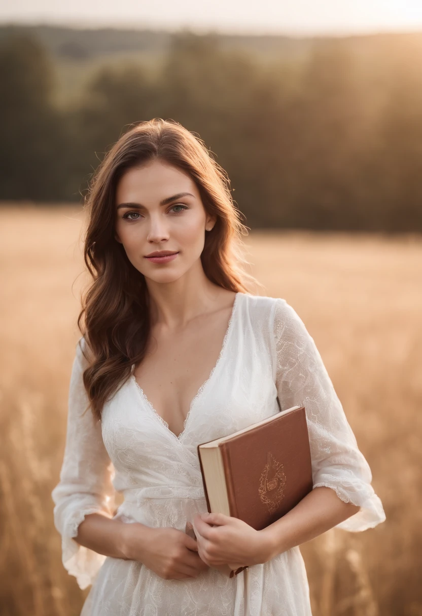 Portrait of a female country girl, 30 years old, dressing nicely in a farm field, early morning after sunrise, wearing a nice white transparent cover-up showing part of her bare small chest and her panties, she’s holding a book in her hand. The scene is backlit with sun rays.