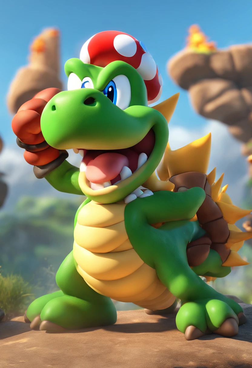 best quality,highres,(realistic,photorealistic:1.37),(vivid colors,physically-based rendering),(studio lighting,HDR,UHD),Bowser character,3D rendered,C4D model,detailed textures,ferocious-looking,spiky reptilian shell,giant claws,fiery breath,glowing red eyes,scaly green skin,sharp teeth,intimidating presence,dark and menacing atmosphere,massive tail,standing on a rocky terrain,ominous clouds in the background,shadows and highlights creating depth,dynamic pose,sinister grin,steam rising from the nostrils