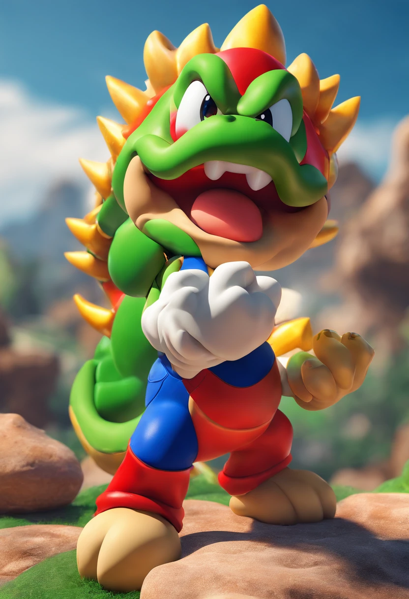 best quality,highres,(realistic,photorealistic:1.37),(vivid colors,physically-based rendering),(studio lighting,HDR,UHD),Bowser character,3D rendered,C4D model,detailed textures,ferocious-looking,spiky reptilian shell,giant claws,fiery breath,glowing red eyes,scaly green skin,sharp teeth,intimidating presence,dark and menacing atmosphere,massive tail,standing on a rocky terrain,ominous clouds in the background,shadows and highlights creating depth,dynamic pose,sinister grin,steam rising from the nostrils