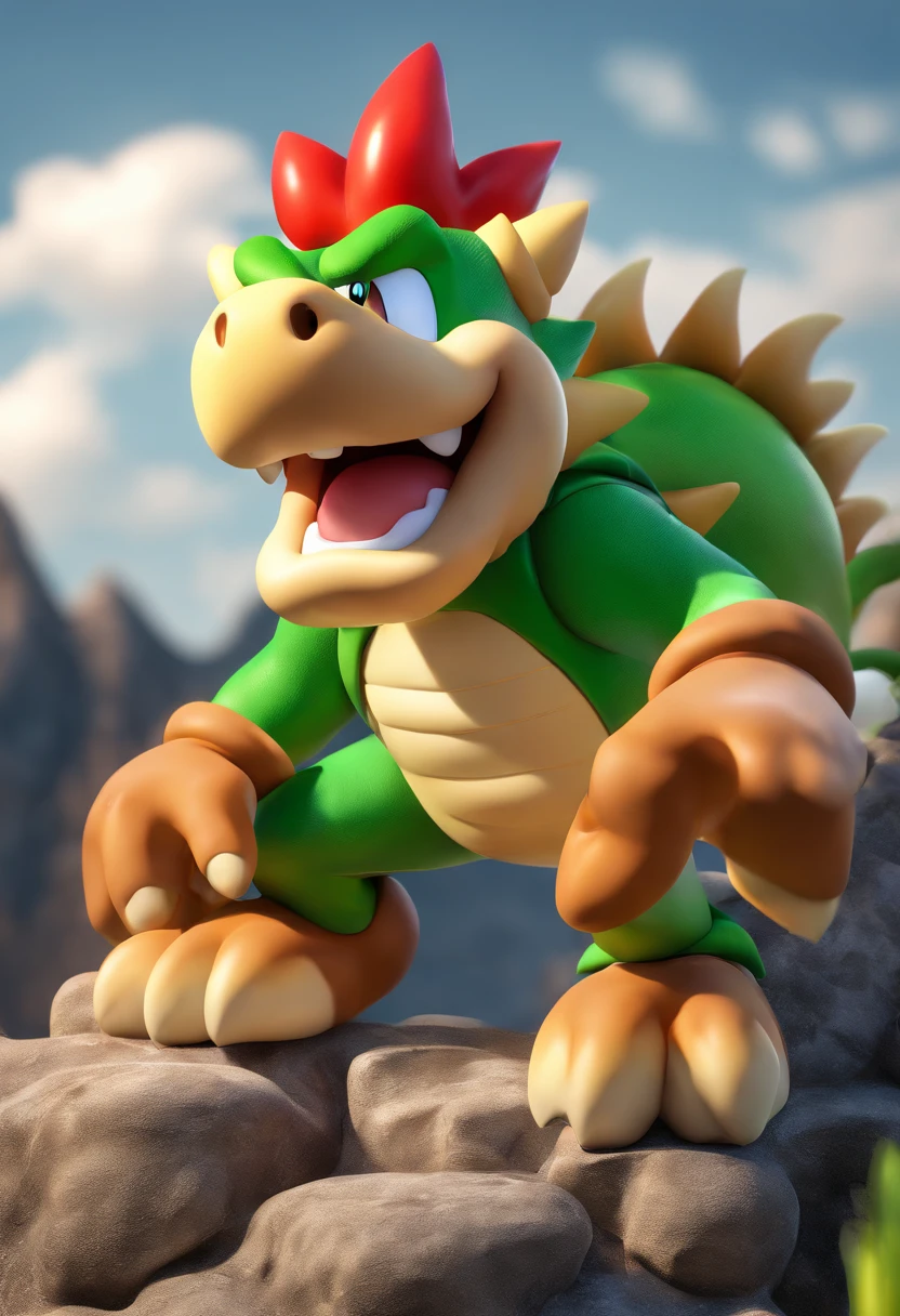 best quality,highres,(realistic,photorealistic:1.37),(vivid colors,physically-based rendering),(studio lighting,HDR,UHD),Bowser character,3D rendered,C4D model,detailed textures,ferocious-looking,spiky reptilian shell,giant claws,fiery breath,glowing red eyes,scaly green skin,sharp teeth,intimidating presence,dark and menacing atmosphere,massive tail,standing on a rocky terrain,ominous clouds in the background,shadows and highlights creating depth,dynamic pose,sinister grin,steam rising from the nostrils