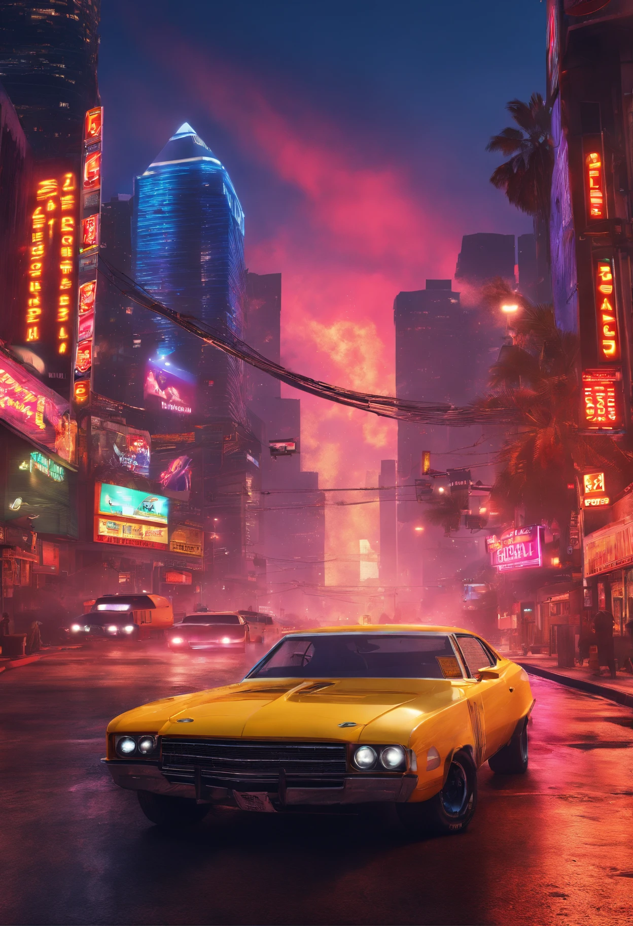 (best quality,4k,8k,highres,masterpiece:1.2),ultra-detailed,(realistic,photorealistic,photo-realistic:1.37),cityscape,night scene,explosive action,crime drama,car chase,urban chaos,vibrant colors,neon lights,high adrenaline,high-speed pursuit,detailed streetscape,American style,gritty atmosphere,dynamic camera angles,stunning visual effects,criminal underworld,illegal activities,law enforcement,gunfire,impressive explosions,skyscrapers,winding roads,shadows and highlights,fast cars,chaotic traffic,edgy characters,powerful confrontations,thrilling moments,movie-like suspense,impactful storyline,loud sirens,flickering lights,hidden secrets,jaw-dropping moments,unexpected twists,high-tech gadgets,nightclub scene,downtown skyline