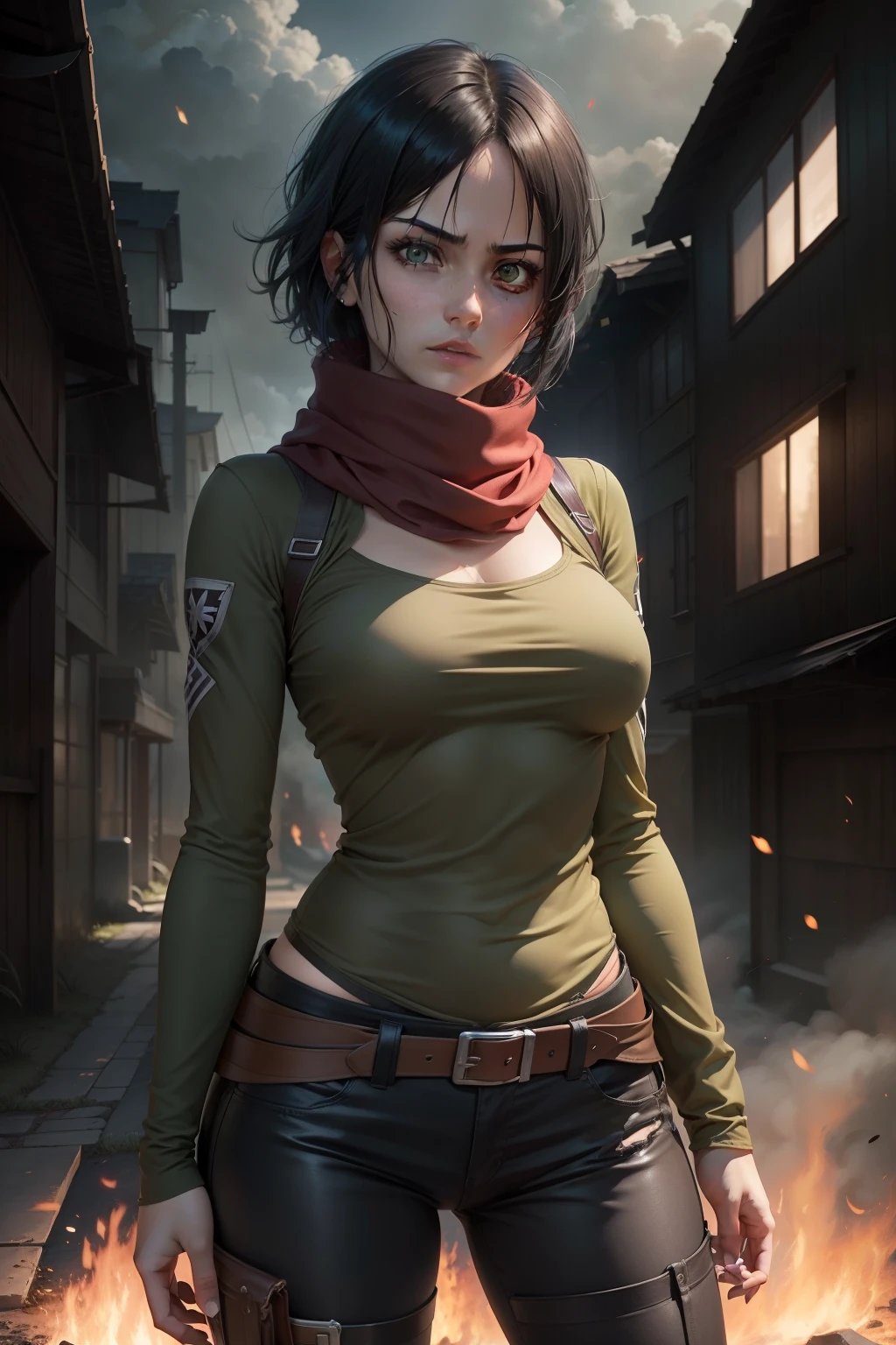 aot style, shingeki no kyojin,
Mikasa Ackerman,
1girl in, arm strap, Bangs, Black hair, Black pants, breasts, Cowboy Shot, embers, Green eyes, greybackground, hair between eye, Harnes, Long sleeves, Looking at Viewer, medium breasts, Pants, red scarf, nffsw...