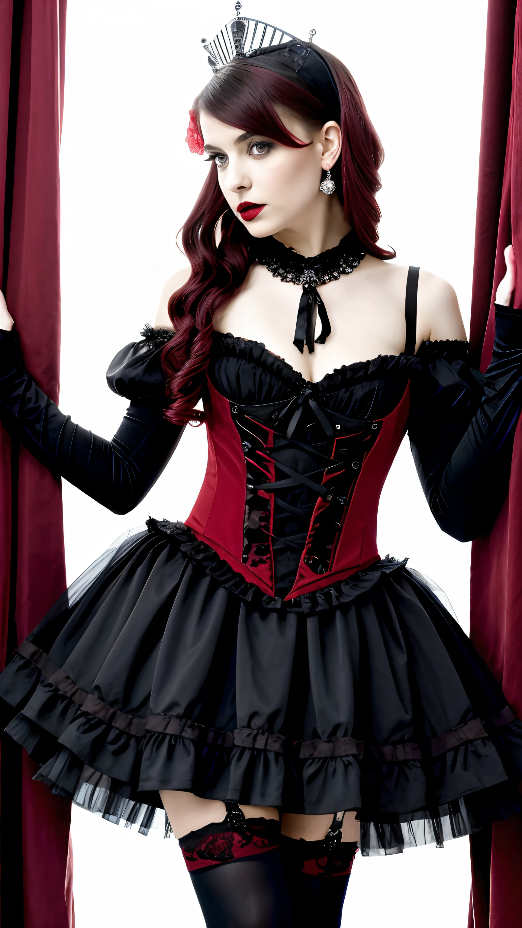 Malicious gal dressed in a red tutu and black top, a portrait inspired by Louis Grell, deviantart, gothic art, wearing modern gothic clothes, red and black costume!!!, victorian gothic lolita fashion, wearing a gothic dress, an elegant gothic princess, gothic clothing, gothic outfit, high quality theatre costume, baroque hibiscus queen, gothic fashion, ornate dark red opulent clothing