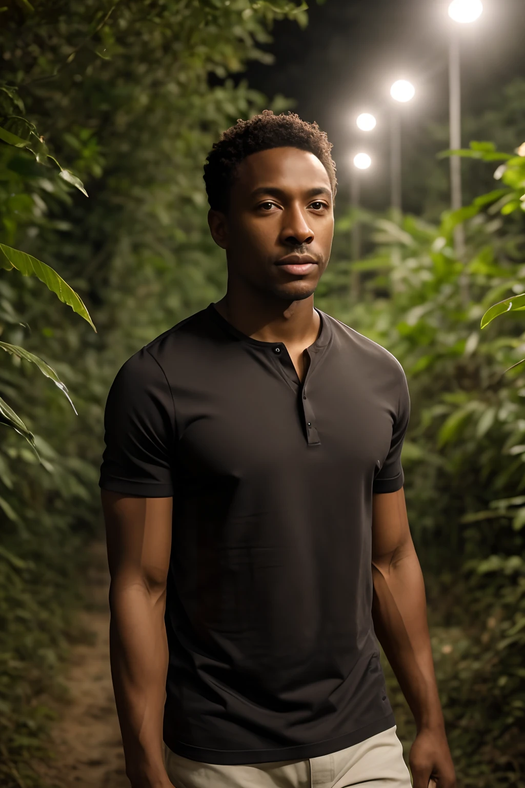 obra-prima, Black man wearing a Henley T-shirt walking through the jungle at night among fireflies, (detalhe alto: 1 1), rough face, pele natural, alta qualidade, nsfw, olhos lindos, (rosto e olhos detalhados), (rosto: 1 2), noise, extra, foto real, PSD, lamp film photography, foco nítido, contrast lighting, pele detalhada, high res 8k, detalhe maluco, realista, fotografia profissional, 8k UHD, SLR camera, soft-lighting, alta qualidade, grain of film, Fujifilm XT3
