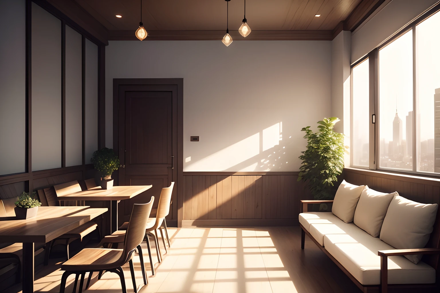 best quality,wide-angle interior image of a simple restaurant (no people),photorealistic,soft lighting,wooden furniture,cozy ambiance,natural lighting,subtle shadows,uncluttered space,reflections on shiny surfaces,airy atmosphere,neatly arranged tables,warm color tones,natural textures,elegant simplicity,atmospheric perspective,exquisite details,freshly painted walls,subdued colors,delicate lighting fixtures,spacious layout,inviting entrance,coordinated decor,glimpse of the kitchen,sunlight streaming through windows,serene atmosphere,vibrant plants,gently lit corners,luminous tabletops,expansive windows with city view,sleek design elements,comfortable seating,attractive wall art,inviting atmosphere