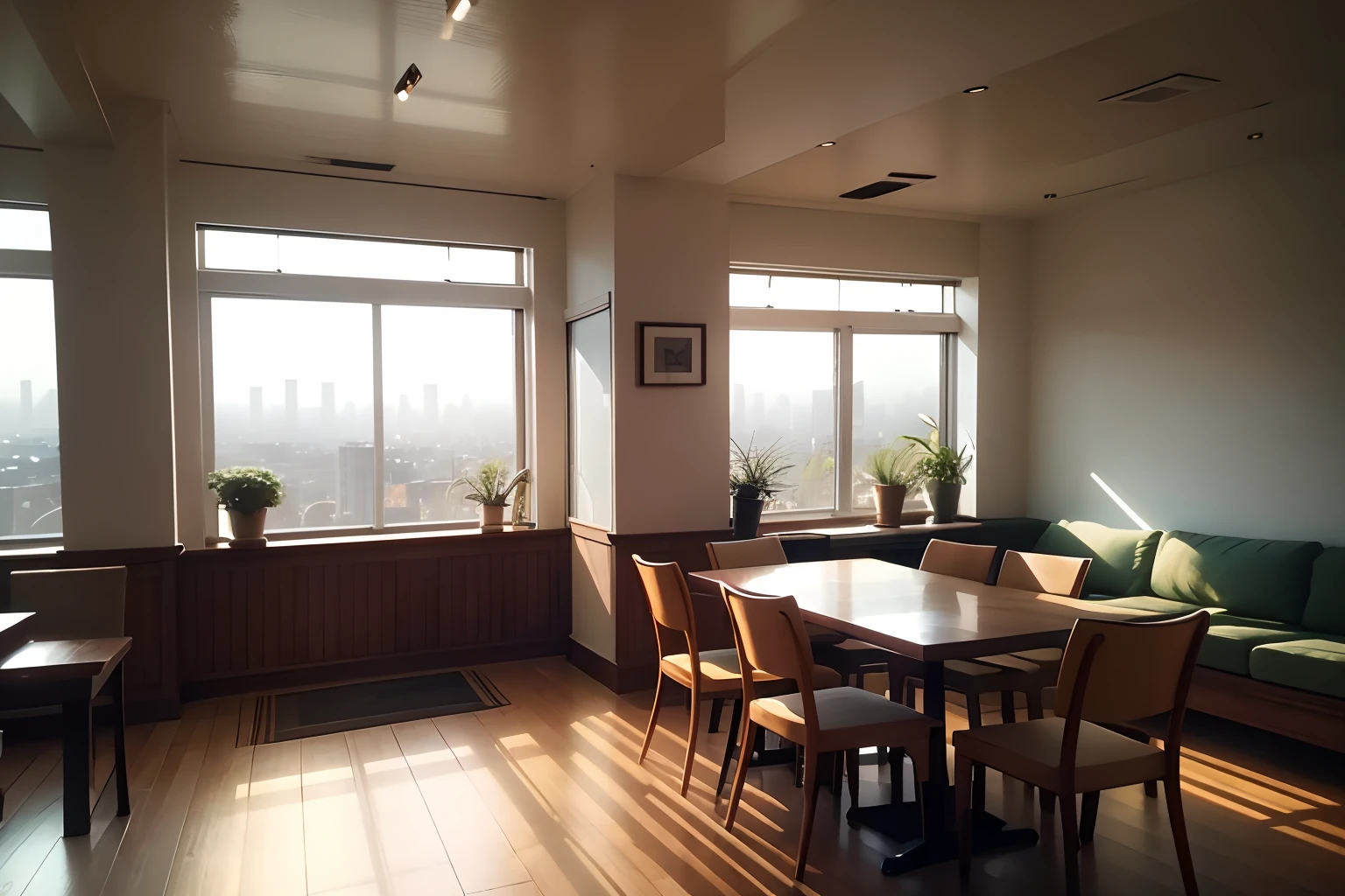 best quality,wide-angle interior image of a simple restaurant (no people),photorealistic,soft lighting,wooden furniture,cozy ambiance,natural lighting,subtle shadows,uncluttered space,reflections on shiny surfaces,airy atmosphere,neatly arranged tables,warm color tones,natural textures,elegant simplicity,atmospheric perspective,exquisite details,freshly painted walls,subdued colors,delicate lighting fixtures,spacious layout,inviting entrance,coordinated decor,glimpse of the kitchen,sunlight streaming through windows,serene atmosphere,vibrant plants,gently lit corners,luminous tabletops,expansive windows with city view,sleek design elements,comfortable seating,attractive wall art,inviting atmosphere