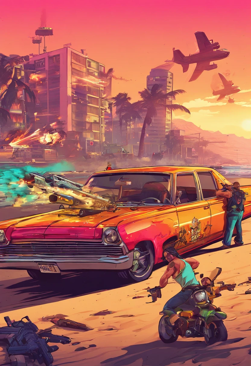 Gran theft auto v, Beach, city, gang war, car, gun, fire, rpg, explosion, modern