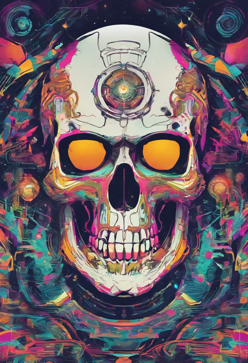 Skull, psychedelic, vector image, t-shirt design, isolated, black background, futuristic 3D illustration