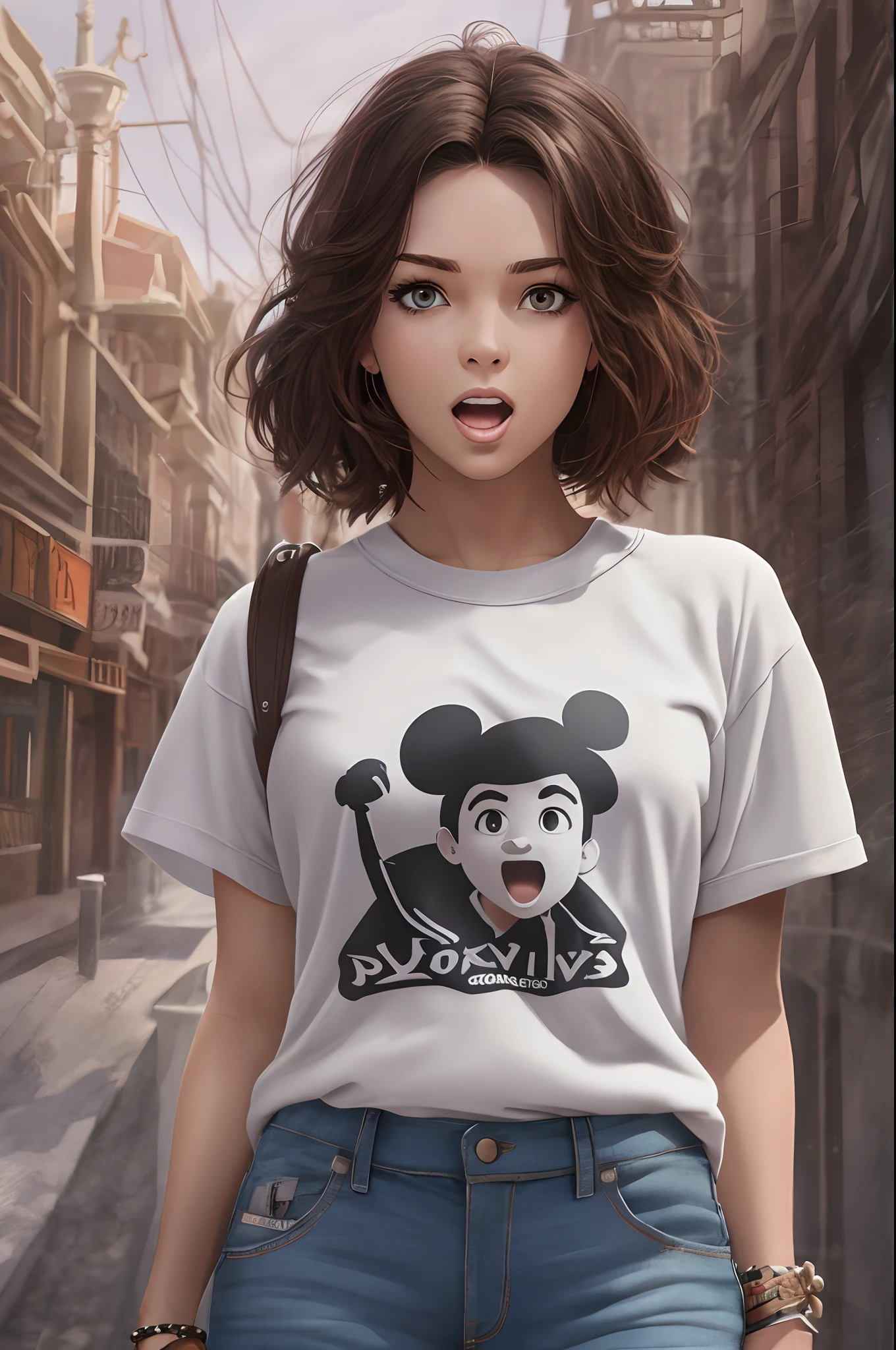 portaretrato medio cuerpo de una joven mujer con pelo corto, cantando con un microfono. Ropa informal, remera blanca,, buzo rojo, Hyper-realistic, 8k, Ultra HD, Pixar Style, Disney Style, 4D Cinema – AR32 --auto --s2