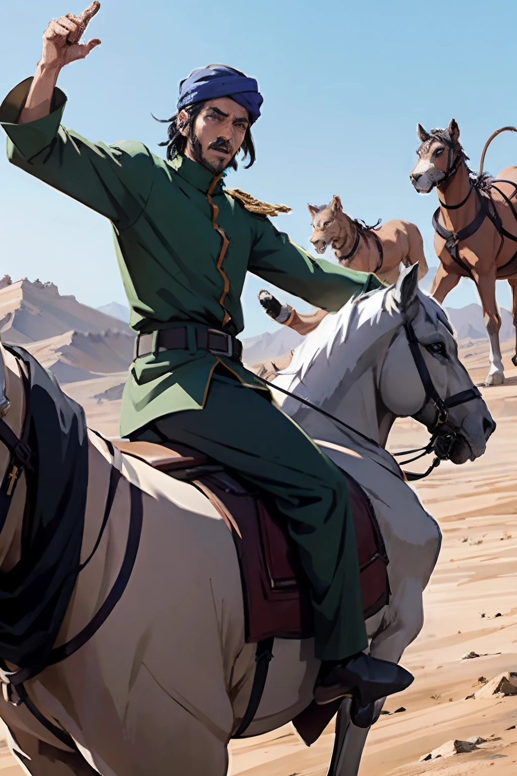 Moroccan Arabian warrior riding great Legendary roaring lion with his soldiers looking in moroccan environnement