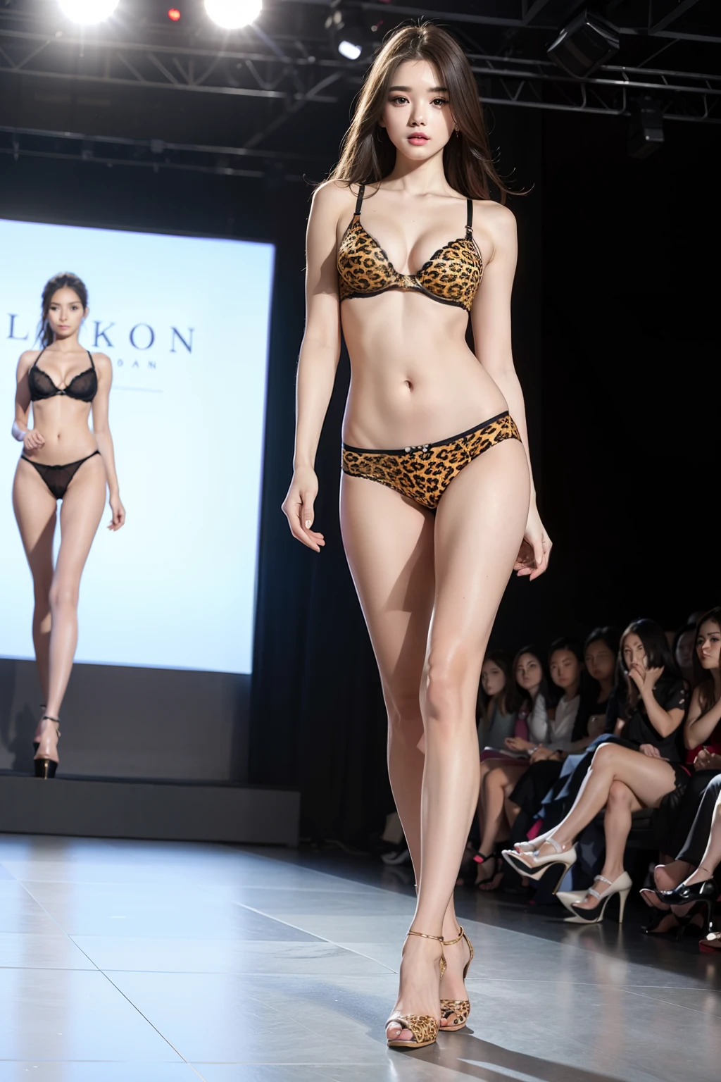 8K、Top image quality、超A high resolution、masterpiece、realisitic、Photorealsitic、highly contrast、photon maping、Real Images、super detailing、low angles:1.5、1 girl in、独奏:1.5、full body Esbian、Fashion Show Venue Stage:1.5、Underwear models、A y、Leopard print see-through bra:1.3、Panth leopard print:1.3、Wearing high heels、Bare legged、high-heels、M leg opening:1.3、opencrotch:1.3、Brown hair long hair、Long body、Height is 170 cm、Considerable:1.2、beauitful face:1.3、Detailed female pubic shape is clearly visible:1.5、Textured skin、(((Fashion Show Venues、Underwear models)))、