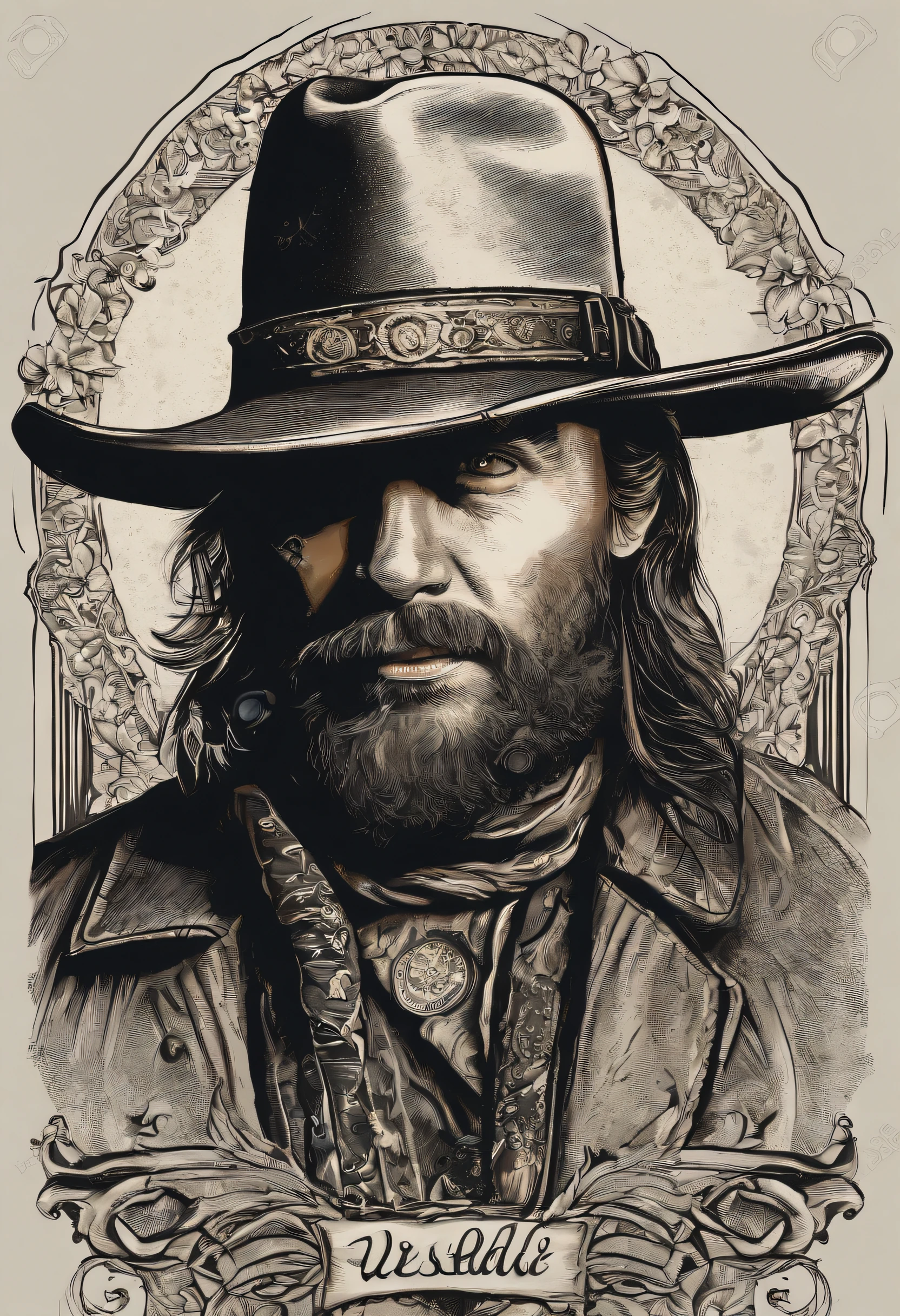 Estilo Velho Oeste Gunslinger Vector Tshirt Print, estilo de adesivo detalhado, desenho de cor estilo tatuagem, fundo branco