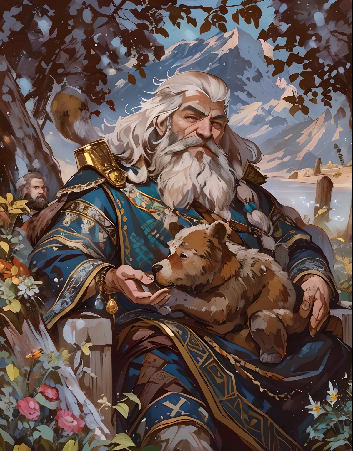 a painting of a man with a beard holding a bear, by Alexander Ivanov, fantasy art, relaxed dwarf with white hair, a druid, k, elder, majesty in noble clothes, ghutra and egal, pleasant face, morning detail, benjamin vnuk, he has a treasure with him, surikov, grandfatherly, gimli, wise