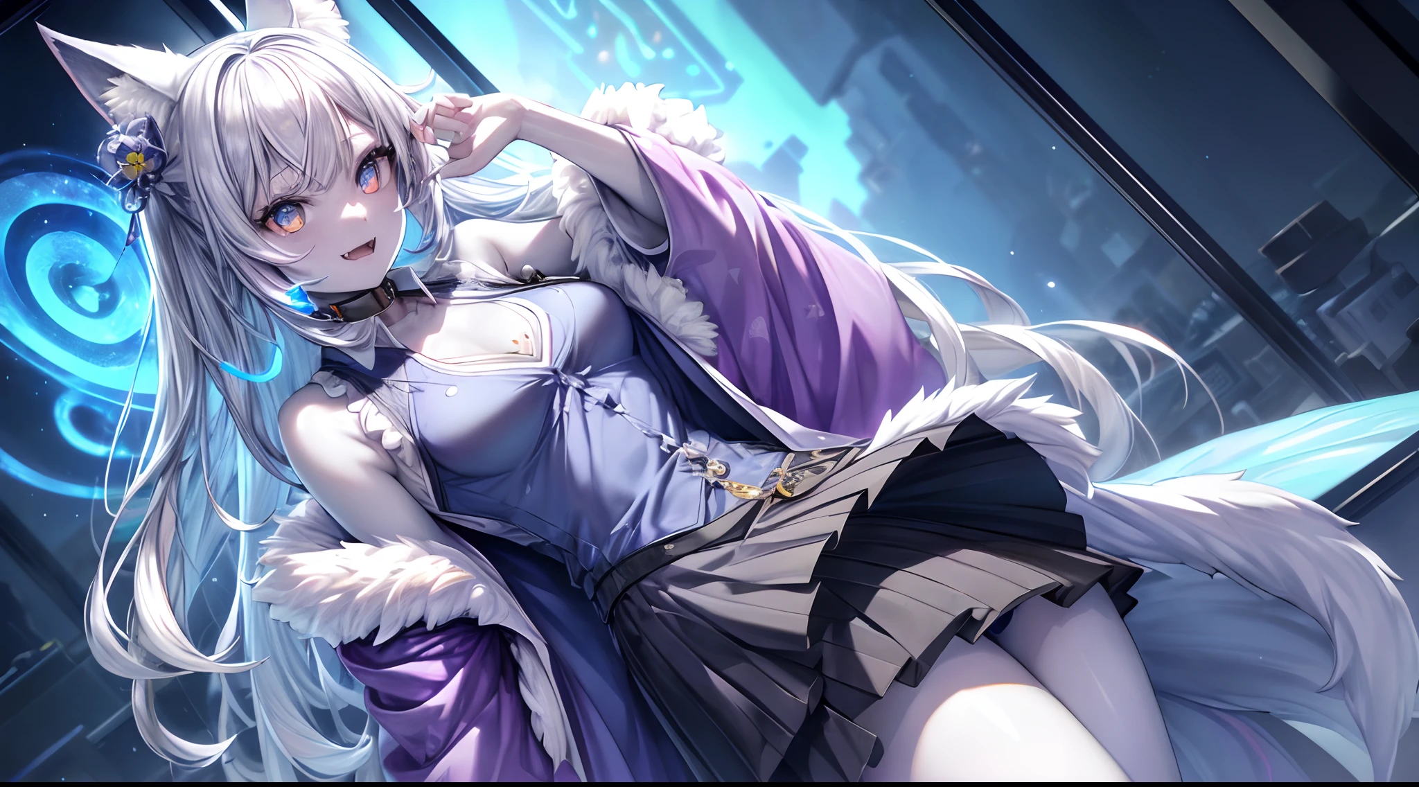 spiritual blue fire fluffy fox girl, (fluffy fox ears, fluffy fox tail), (spirit, spiritual:1.4), (blue fire:1.5), 1girl, perfect and well designed glowing shiny eyes, (beautiful detailed eyes:1.05), natural breasts, slim body, beautiful and delicate cute face, (face detail), ((realistic face)), pores, ((pale grey skin)), detailed skin, realistic skin, (((bioluminescence))), ((shiny skin)), (fangs:1.5), (multicolored gradation skin), (monster girl:1.25), (fur body:1.4), human face, medium length hair, hair voluminous, (((((multicolored gradation hair))))), super high resolution, 8k, parameters Best quality, (masterpiece:1.4), (magic accessories:1.4), bracelets, extremely detailed thick tight ({nylon|lycra}:1.5) pastel bright ((dark blue, (blue:0.4), silver:1.3), (pink, purple:0.75)) ornate ({(dress shirt with stand-up collar:1.7)|((summer dress:1.5),(kimono:1.3))|((tank top:1.35), ({vest|jacket}:1.5))}, (kimono sleeves:1.5), ((dress:1.2), (skirt:1.5))), (standing nipples under cloth:1.4), (ornaments on clothing:1.5), (neckline:1.3), (cleavage:1.3), decolette, navel, Young Girl, Little Beast, (Smile:0.7), (pale Skin:1.4), ((flower tattoos all over body, flower tattoos all over legs)), ultra detailed, photorealistic, ((Real image)), (best quality:1.4), super high resolution, (Realistic 2.0), More details, (((1girl))), leans on the table, (magic office:1.5), city and buildings behind a window, futuristic, cyberpunk, magic technologies, (beautiful and aesthetic:1.2), (fractal art:1.4), (cinematic light:1.1), (DUTCH ANGLE:1.3), 16K, HDR, RTX, Ray Tracing, Radiosity, Anisotropic Filtering, Subsurface Scattering, (((magic lights))), metallic reflections, Detailed, Realistic, 4k highly detailed digital art, (cool_color), extremely detailed CG unity 8k wallpaper, vibrant colors, (((seductive pose)))