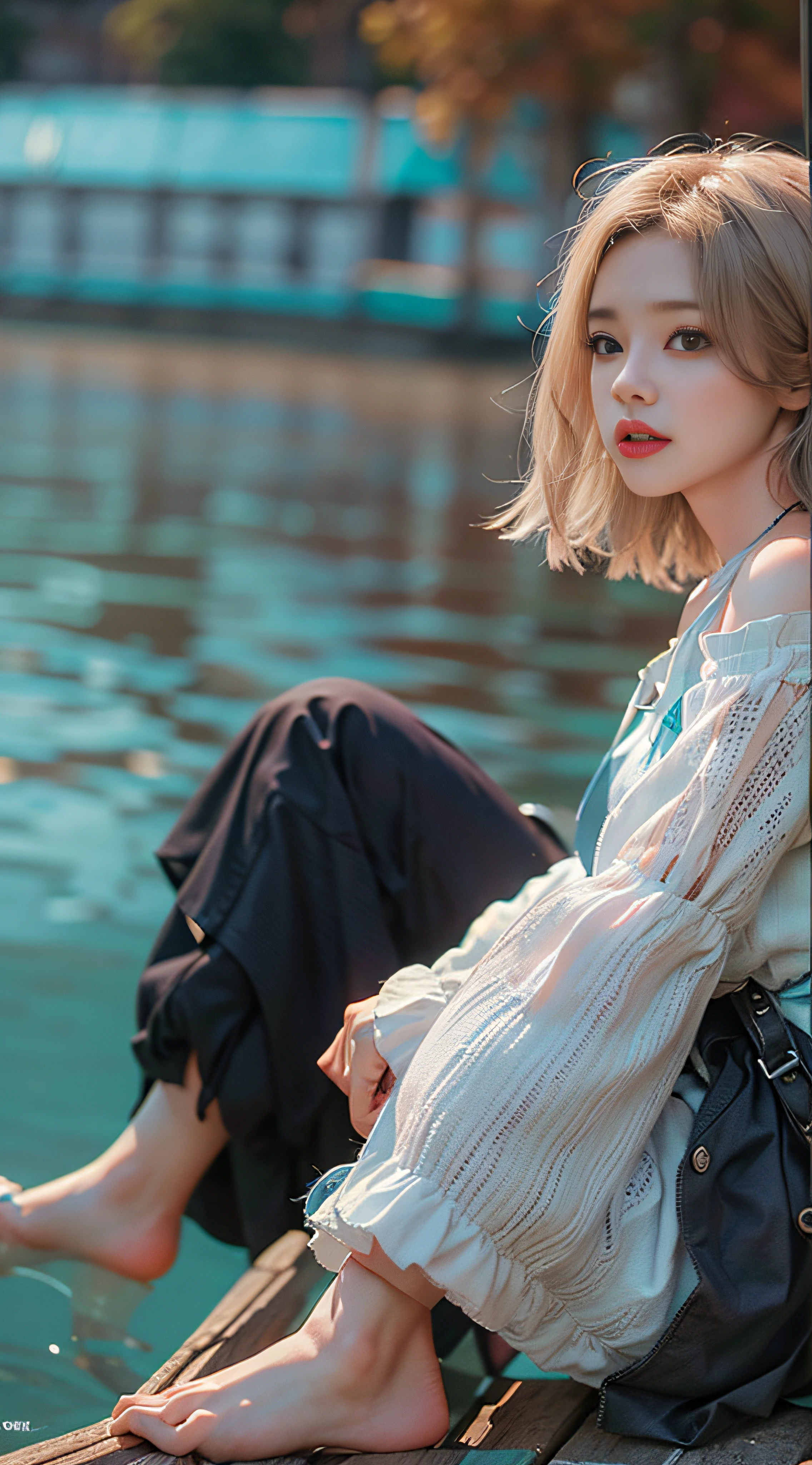 Woman in off-the-shoulder light blue casual fashion, attractive and slender body model, sitting by the river against a background of bright red sunset sky and big midsummer clouds, (((masterpiece))), (((top quality))), (((detailed and well crafted face))), (((short bob style High Dynamic Range)), ray tracing, NVIDIA RTX, hyper-resolution, Unreal 5, subsurface scattering, PBR texturing, post-processing, anisotropic filtering, depth of field, maximum clarity and sharpness, Multi-layer textures, albedo and specular maps, surface shading, accurate simulated light material interaction, perfect proportions, octane rendering, 2-tone lighting, wide aperture, low ISO, white balance, cirrus rule, 16K RAW,