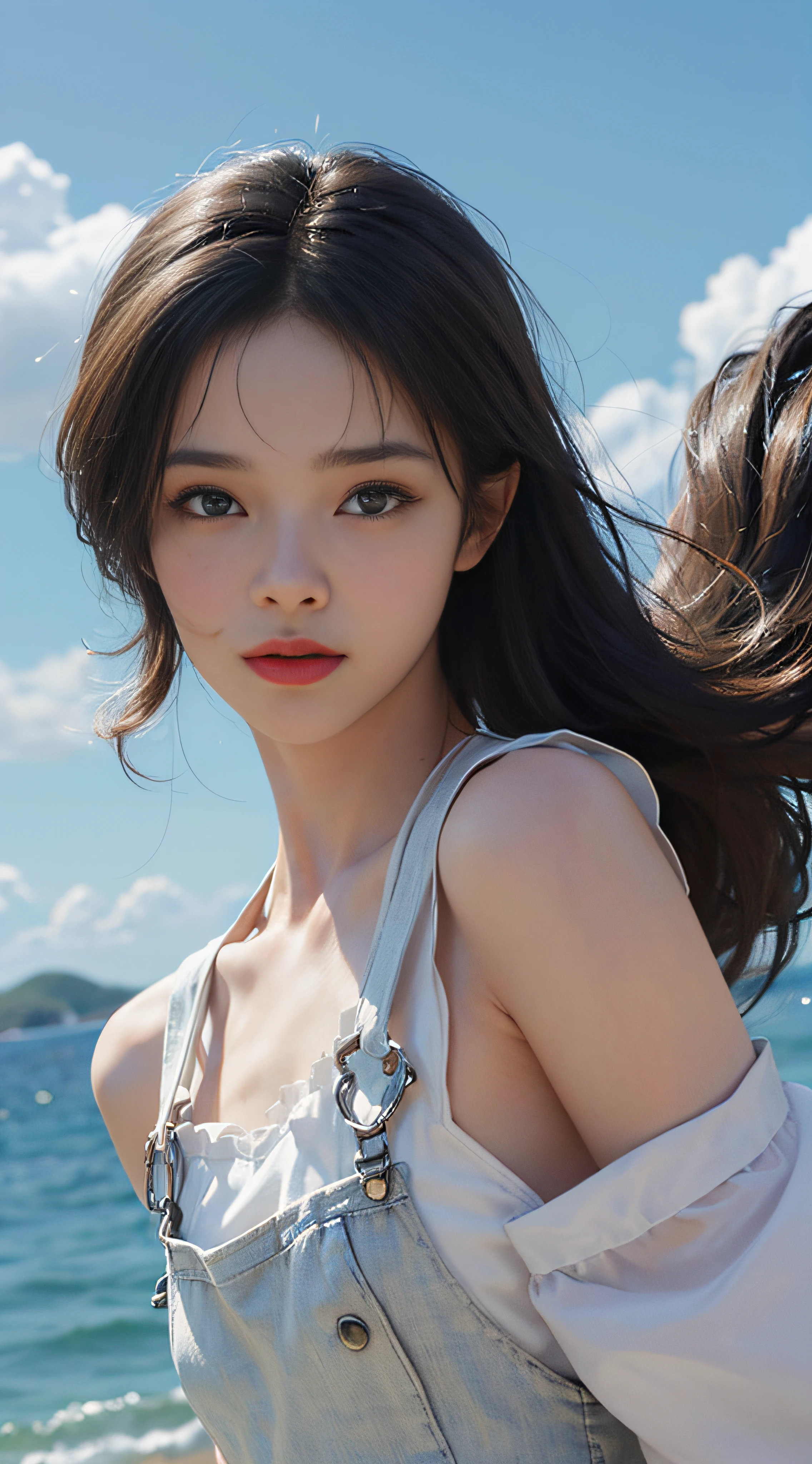 (((Masterpiece, top quality, super detailed face))), (((highly detailed face))), woman in frilly white bikini, attractive and slender body model, (((very sharp focused eyes))), large precise black eyes shining like jewels, long eyelashes, short black hair, thick bangs, no makeup, small thin nose, small thin lip mouth, blue ocean and white sand beach, blue sky and incoming clouds, (((overall accuracy dramatically improved, creating ultra detailed and realistic images))), HDR (High Dynamic Range), ray tracing, NVIDIA RTX, ultra resolution, Unreal 5, Subsurface scattering, PBR texturing, post-processing, anisotropic filtering, depth of field, maximum clarity and sharpness, multi-layer textures, albedo and specular maps, surface shading, accurate Simulated Light Material Interaction, Perfect Proportions, Octane Rendering, Two Tone Lighting, Wide Aperture, Low ISO, White Balance, Rule of Thirds, 16K RAW,