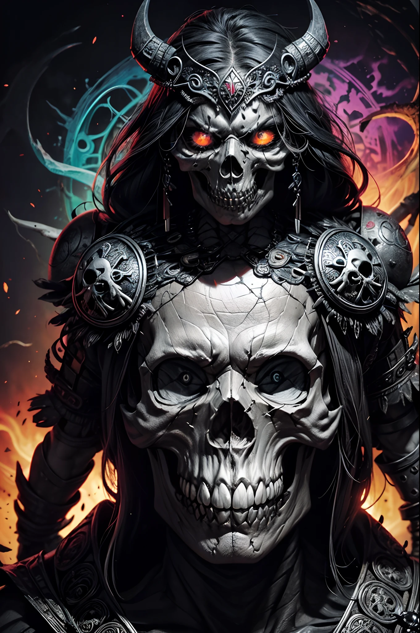 a close up of a skull with one eye in fury, viking symbols, impacting skull, broken teeth, fantasy skull, scary colorful detailed art, scary colorful art 8k, sacred skull, psychedelic background conjuration, detailed digital art, texture, sacred skulls , psychedelic illustration, textured skull, skull face, death skull, scary color art, psychedelic art style