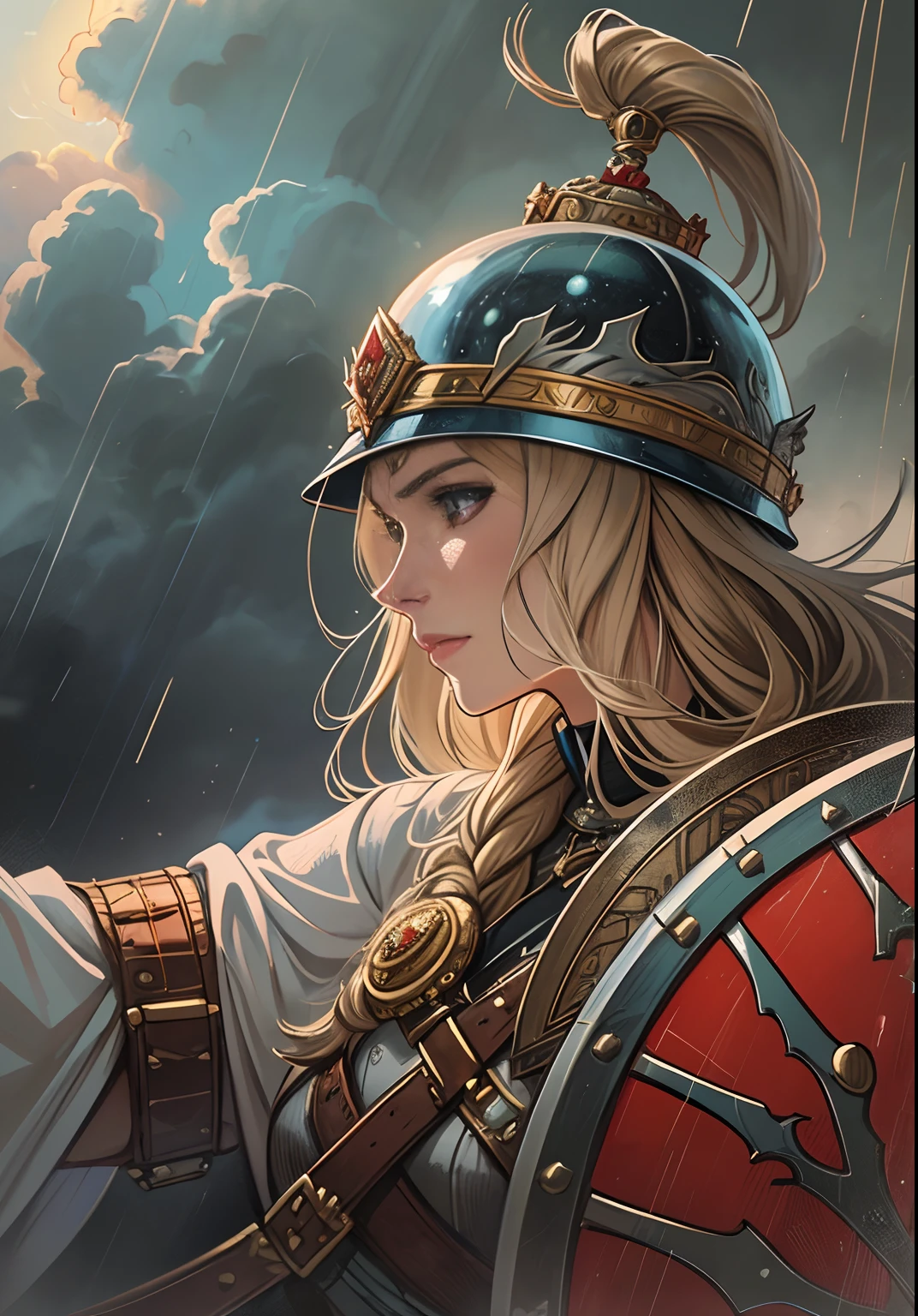 a painting of a woman wearing a helmet and holding a sword, a portrait, inspired by Júlíana Sveinsdóttir, very detailed oil painting, great king of stovokor, tuomas korpi and wlop, morning detail, against a stormy sky, istvan sandorfi, a beautiful detailed orixa, russian, detail, adolf hiremy - hirschl