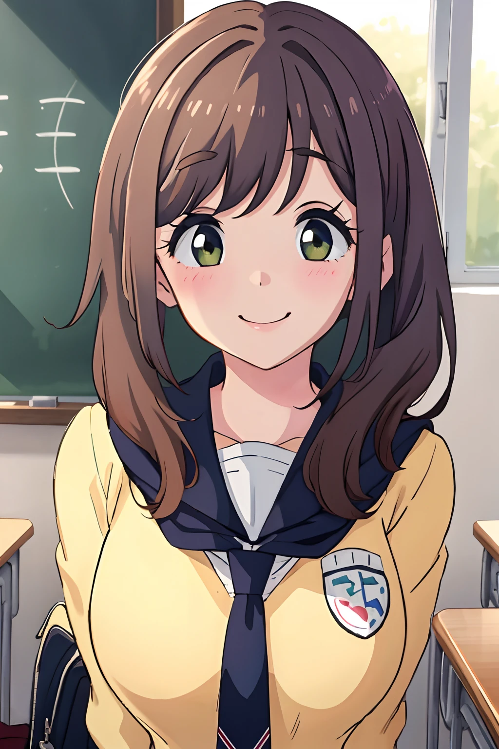 (best quality, masterpiece, 1girl ,looking at viewer, smile, school, blush, good illumination