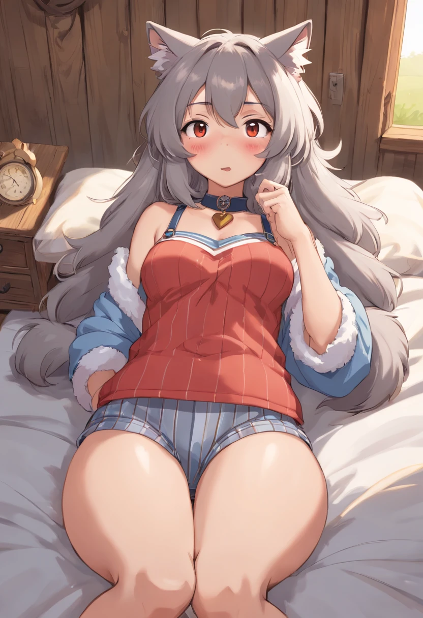 (anthro:1.2), one female, gray striped, cat, in bed, just woke up, sleepy blushing expression, yawning, Furry girl anthro, anthro, furry, girl, (large thighs), ((flat chest)), tight topwear red plaid, 1girl, domestic cat girl, (furry:1.5), body fur, shorts, solo, messy hair, (large hips, thick thigh) ,collar, hay barn background, sexy eyes, sexy pose, sexy stomach