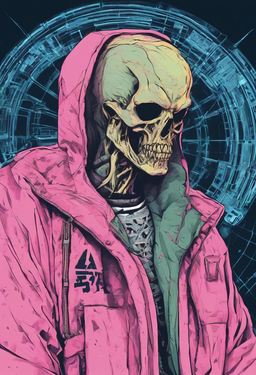 Create an ultra-wide photo of a decrepit zombie wearing an Adidas coat and hood, set against an abstract background. The overall style of the image should be a minimalist fashion with an Artgem twist. The zombie should be rendered in a decrepit and cadaveric style, with a focus on creating a sense of horror and decay. The Adidas coat and hood should be rendered in high detail, with a focus on capturing the texture and style of the clothing. The background of the image should be an abstract design, with a focus on creating a sense of depth and contrast to the foreground. The image should be rendered in a wide format, with a focus on creating a sense of scale and drama to the scene.