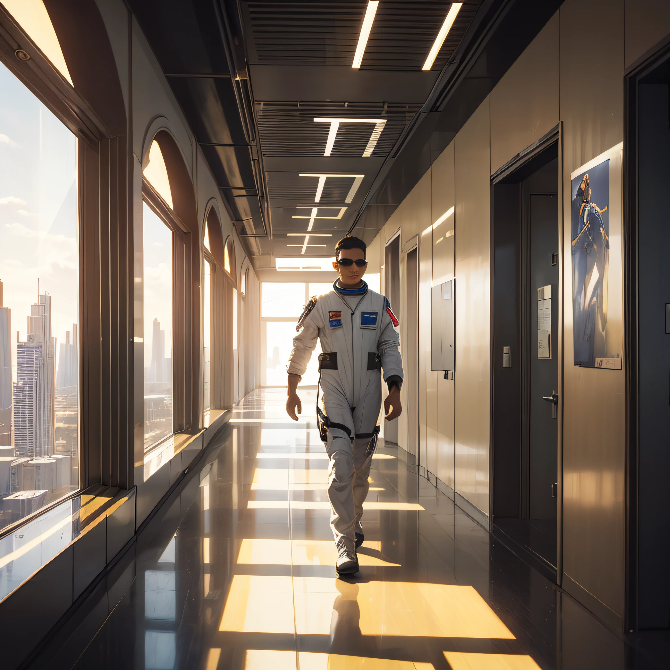 Young male astronaut walking in a corridor of a skyscraper. description: The corridor is spacious, Add tall, large windows in the corridor in a panoramic view of the scene, Tall windows offer an impressive view of a sunny metropolis. Add a blue sky with clouds in the sky, Add panoramic view to the entire scene, Adicionar pintura fosca inspirada em Syd Mead, Adicione hiper-realismo no corpo masculino astronauta, Set well with details fingers and hands, pernas e rosto, roupa do astronauta bem definida