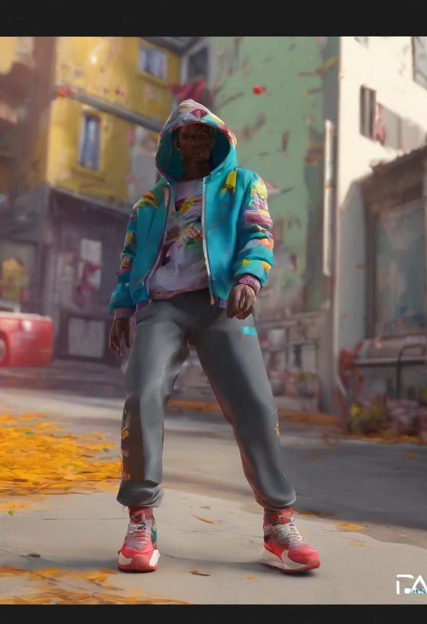 Create an ultra-wide photo of a decrepit zombie wearing an Adidas coat and hoodie, against an abstract background. The overall style of the image should be minimalist with an Artgem touch. The zombie should be rendered in a decrepit, cadaverous style, with a focus on creating a sense of horror and decay. The Adidas jacket and hood should be rendered in high detail, with a focus on capturing the texture and style of the clothing. The background of the image should have an abstract design, with a focus on creating a sense of depth and contrast with the foreground. The image should be rendered in wide format, with a focus on creating a sense of scale and drama in the scene.