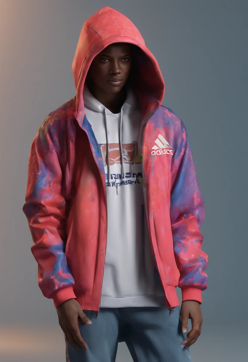Create an ultra-wide photo of a decrepit zombie wearing an Adidas coat and hoodie, against an abstract background. The overall style of the image should be minimalist with an Artgem touch. The zombie should be rendered in a decrepit, cadaverous style, with a focus on creating a sense of horror and decay. The Adidas jacket and hood should be rendered in high detail, with a focus on capturing the texture and style of the clothing. The background of the image should have an abstract design, with a focus on creating a sense of depth and contrast with the foreground. The image should be rendered in wide format, with a focus on creating a sense of scale and drama in the scene.