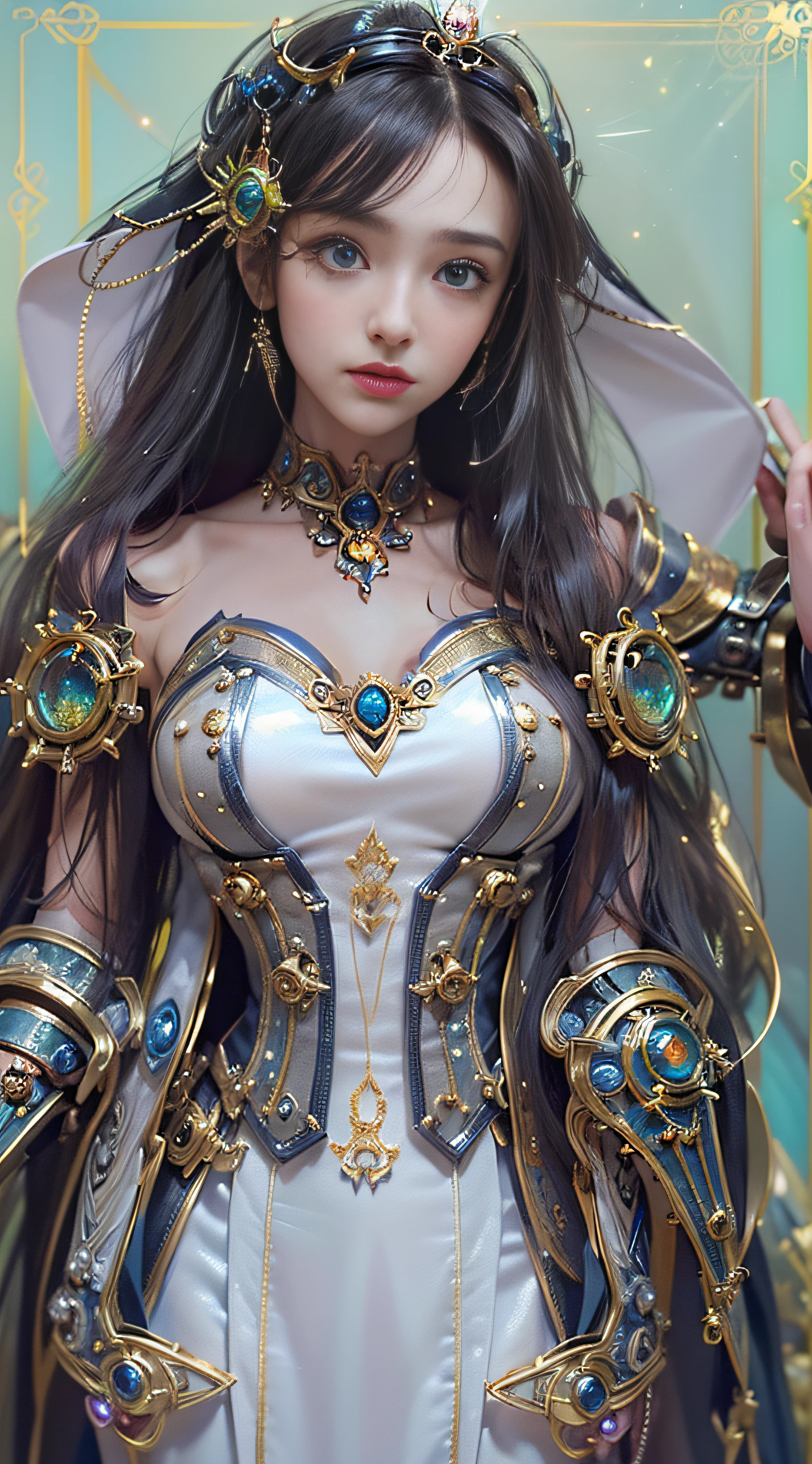 (((Masterpiece, top quality, super detailed))), (((One endless mage girl, 14 years old, radiating magic))), (((complex mechanical headgear, complex mechanical steampunk fashion and overdecorated gothic fashion and neon glitter cyberpunk fashion fusion of))), bust-up photos, ((((very detailed face))), (((very sharp focused eyes))), very large slit dark gray eyes that shine like jewels. Very long eyelashes, long dark hair in vertical curls, thick bangs, perfect princess cut, very gorgeous tiara, (((perfectly accurate human anatomy))), long neck, narrow shoulders, long slender arms, small breasts, very narrow waist, very small buttocks, long slender legs, (((overall accuracy has been dramatically improved, creating super detailed, realistic and realistic images)))), (((magic, magic spell light, magic weapon))), dynamic poses, cinematic lighting,
